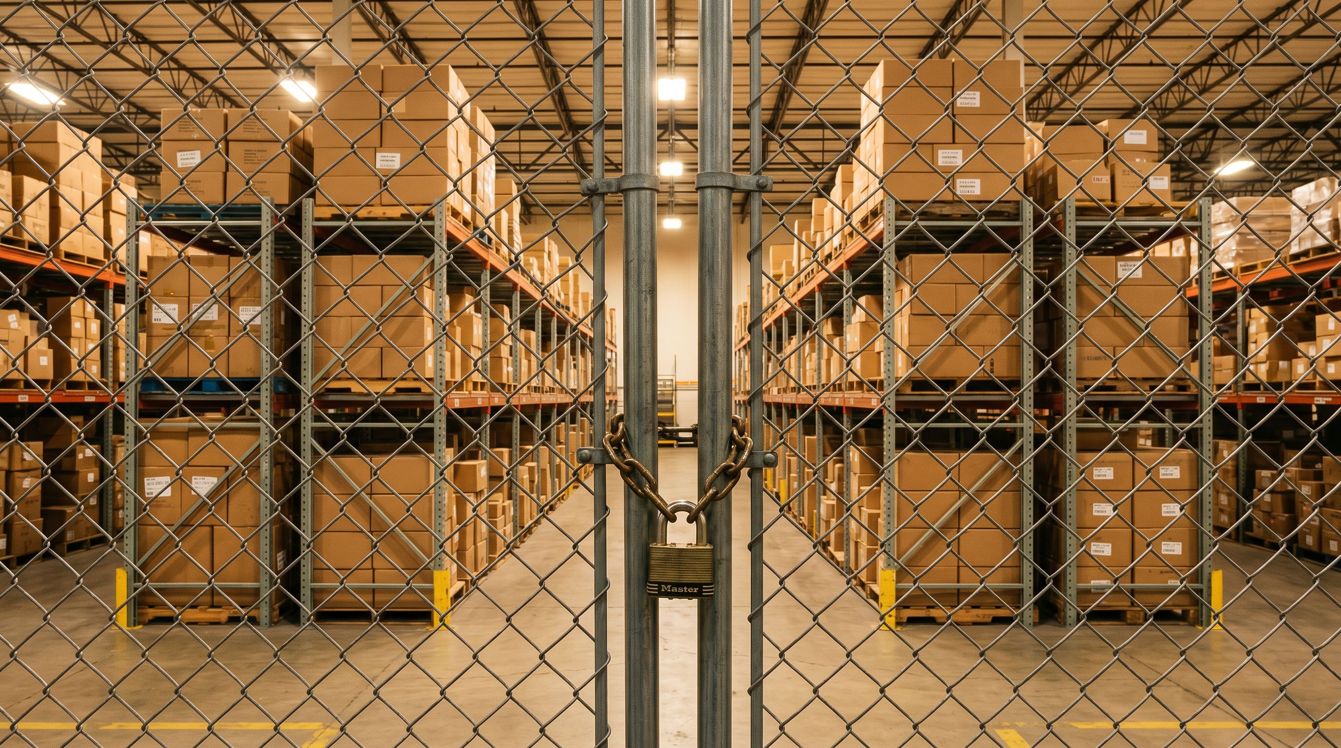 Warehouse product shelves behind a locked chain-link security gate, inaccessible to shoppers.