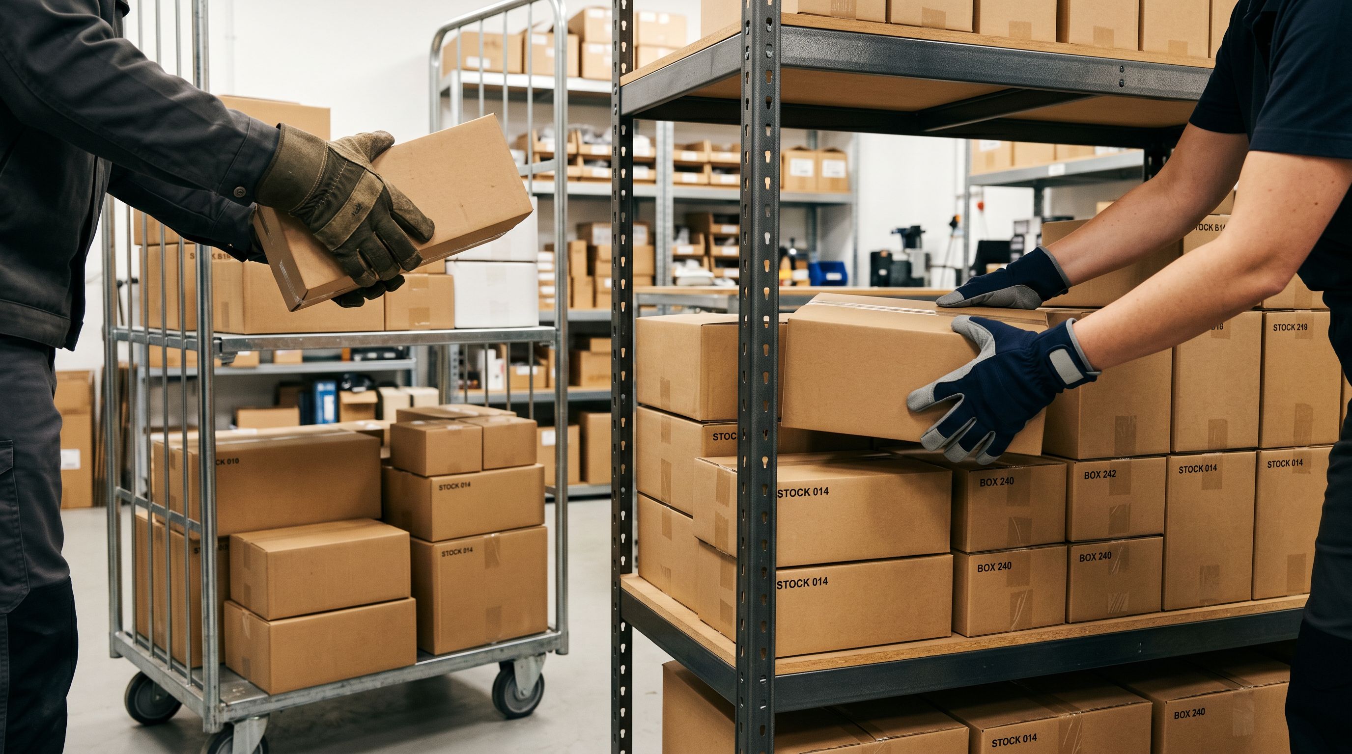 Gloved hands moving product boxes from a trolley to retail shelving in a stockroom.