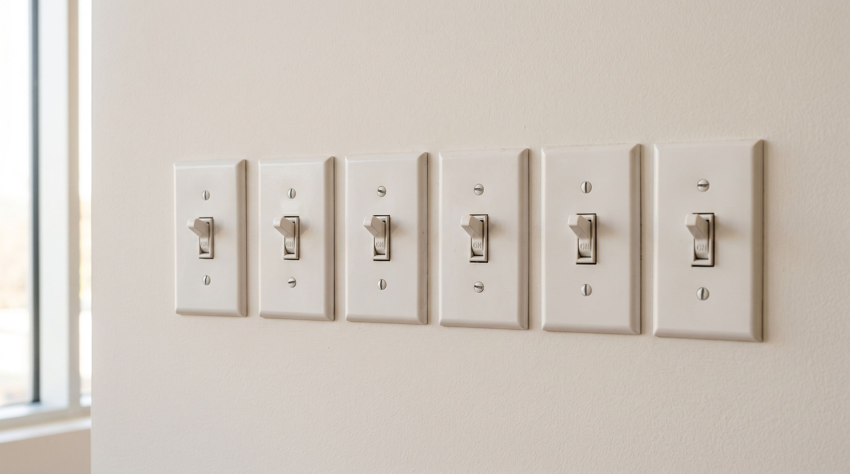 A row of identical toggle switches on a white wall, all switched to the active on position.