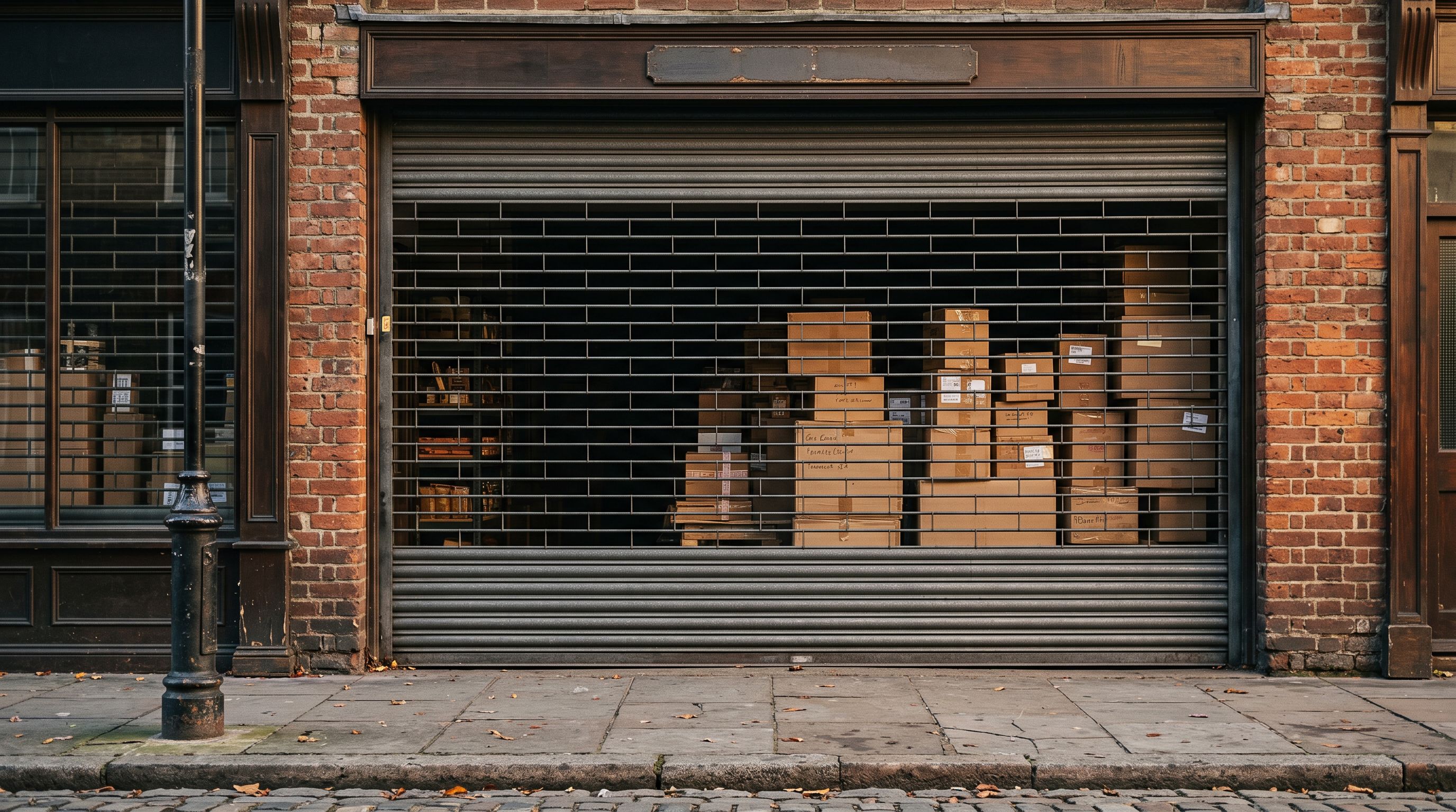 Closed metal roller shutter on a retail storefront with product boxes visible through the slats inside.
