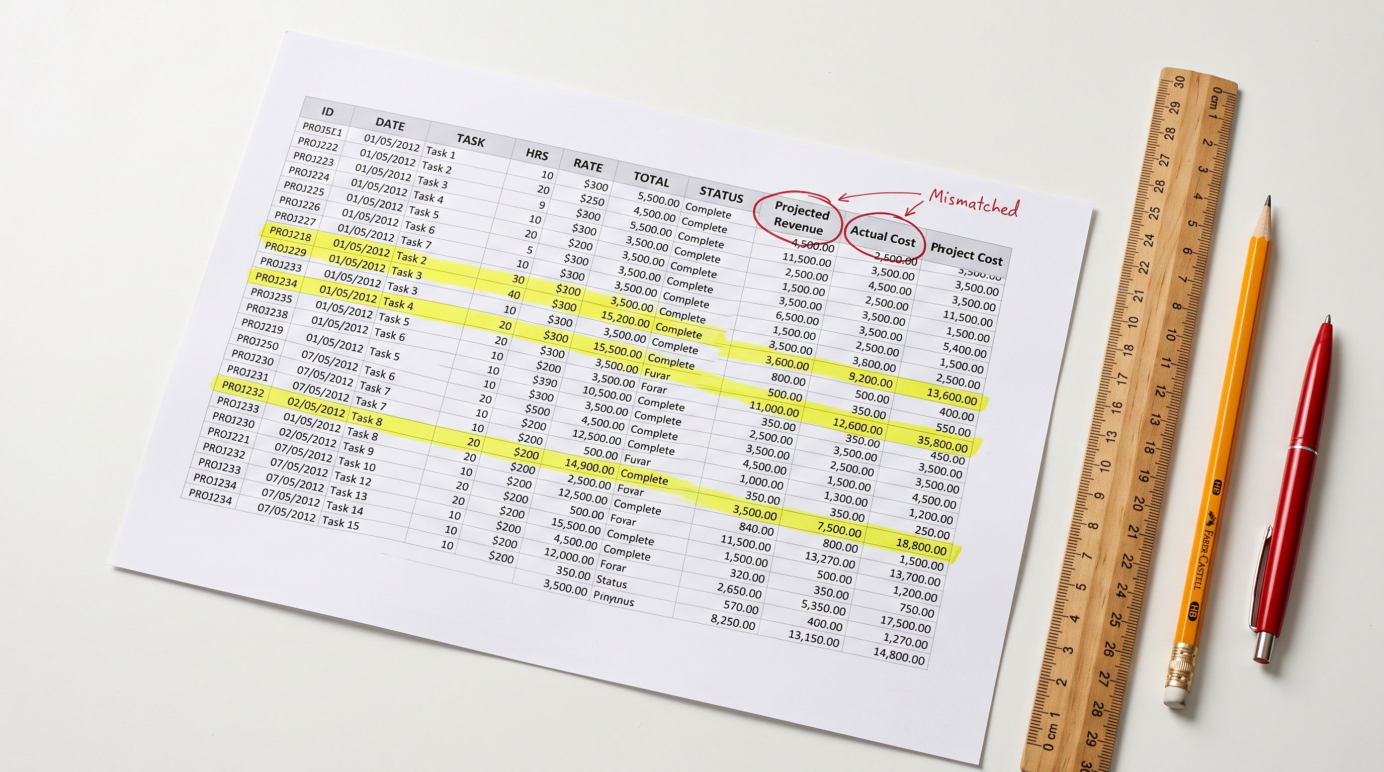 A spreadsheet printout on a desk with several rows highlighted in red, showing mismatched column header labels.