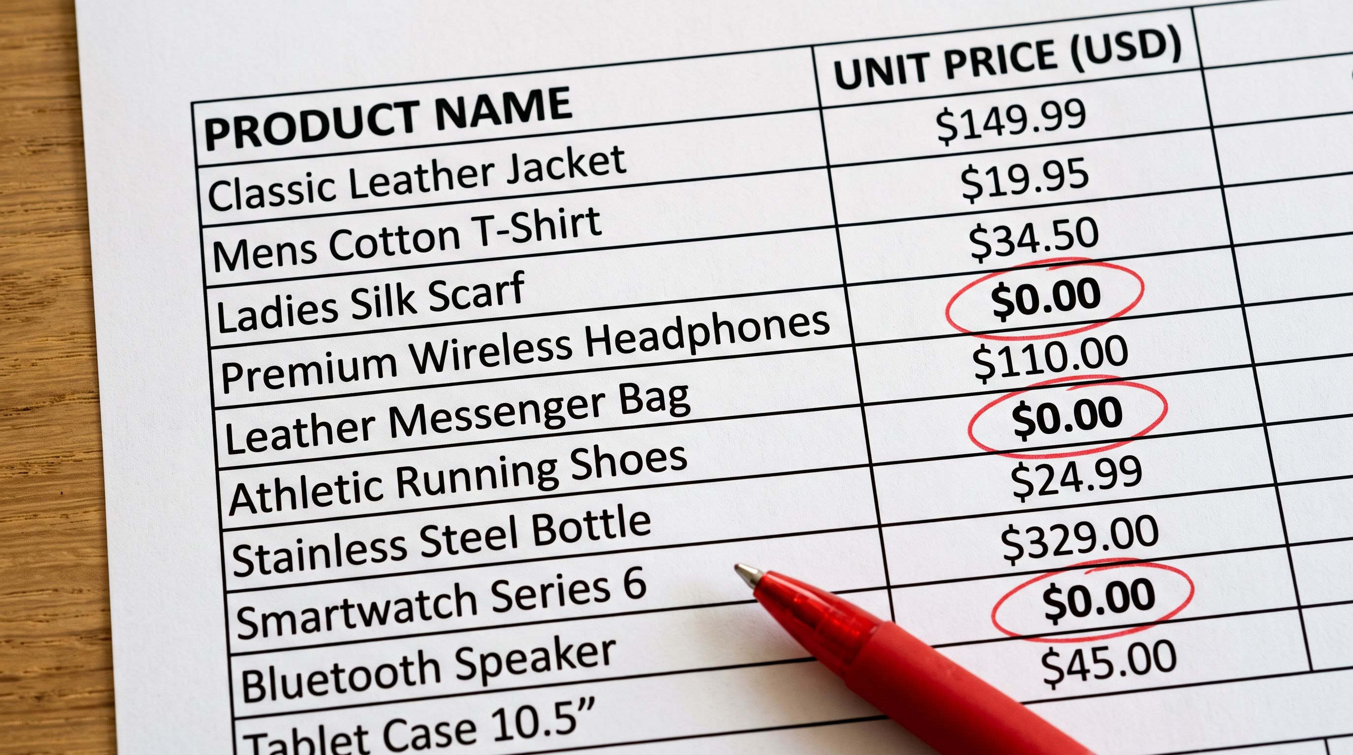 A close-up of a printed spreadsheet showing columns for product name and price with some cells circled in red pen.