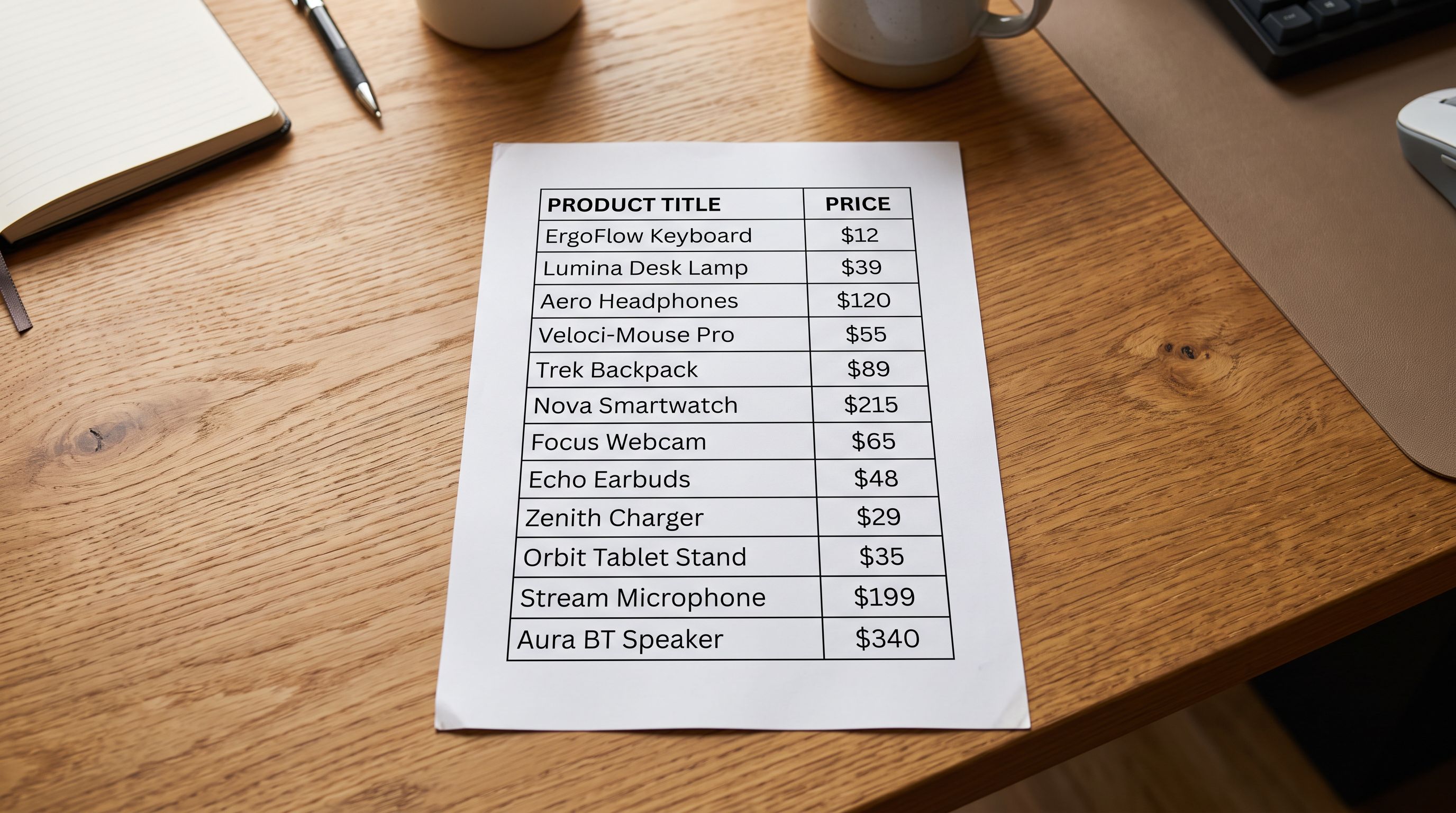 A product review table in an import wizard listing product titles alongside prices ranging from twelve to three hundred and forty dollars before any products are created in Shopify.