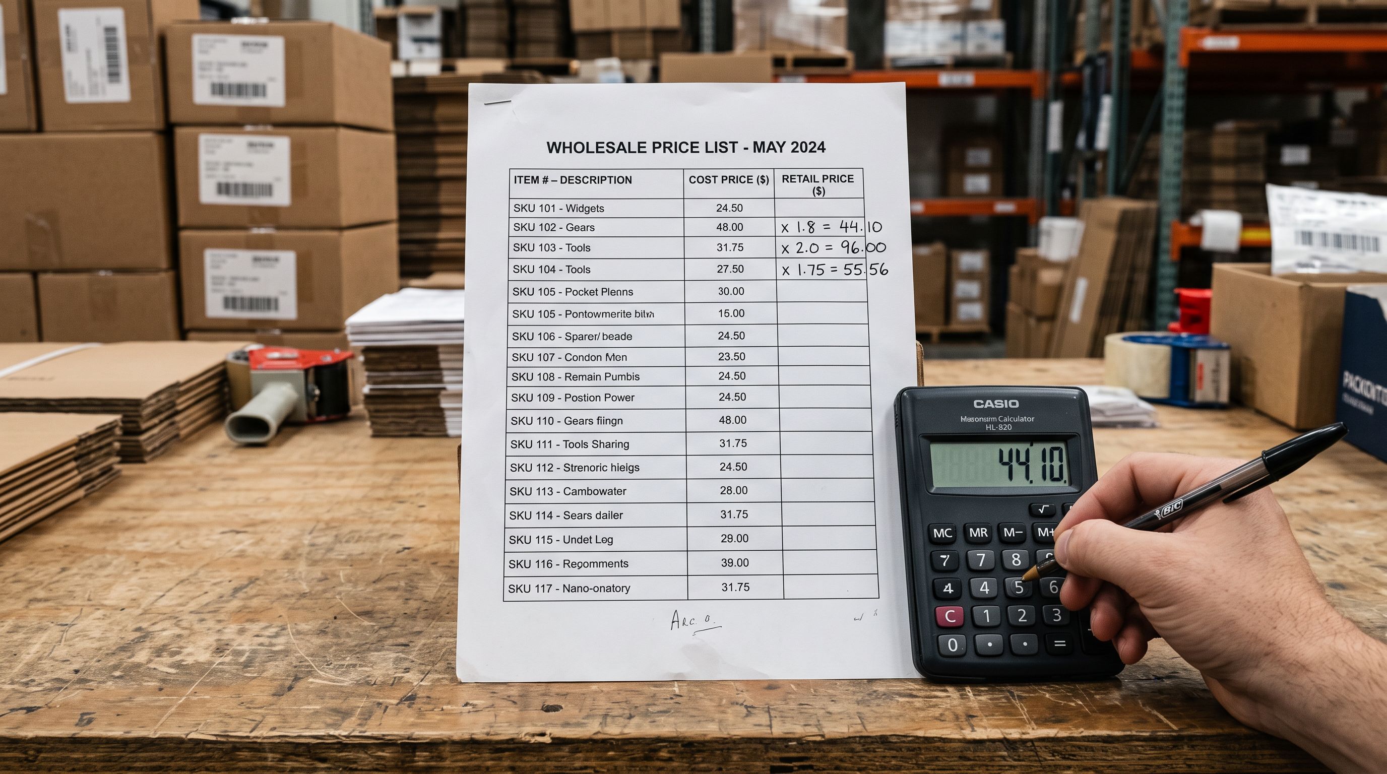 A calculator beside a printed wholesale price list with handwritten retail margin calculations showing cost prices and multiplied retail prices side by side.