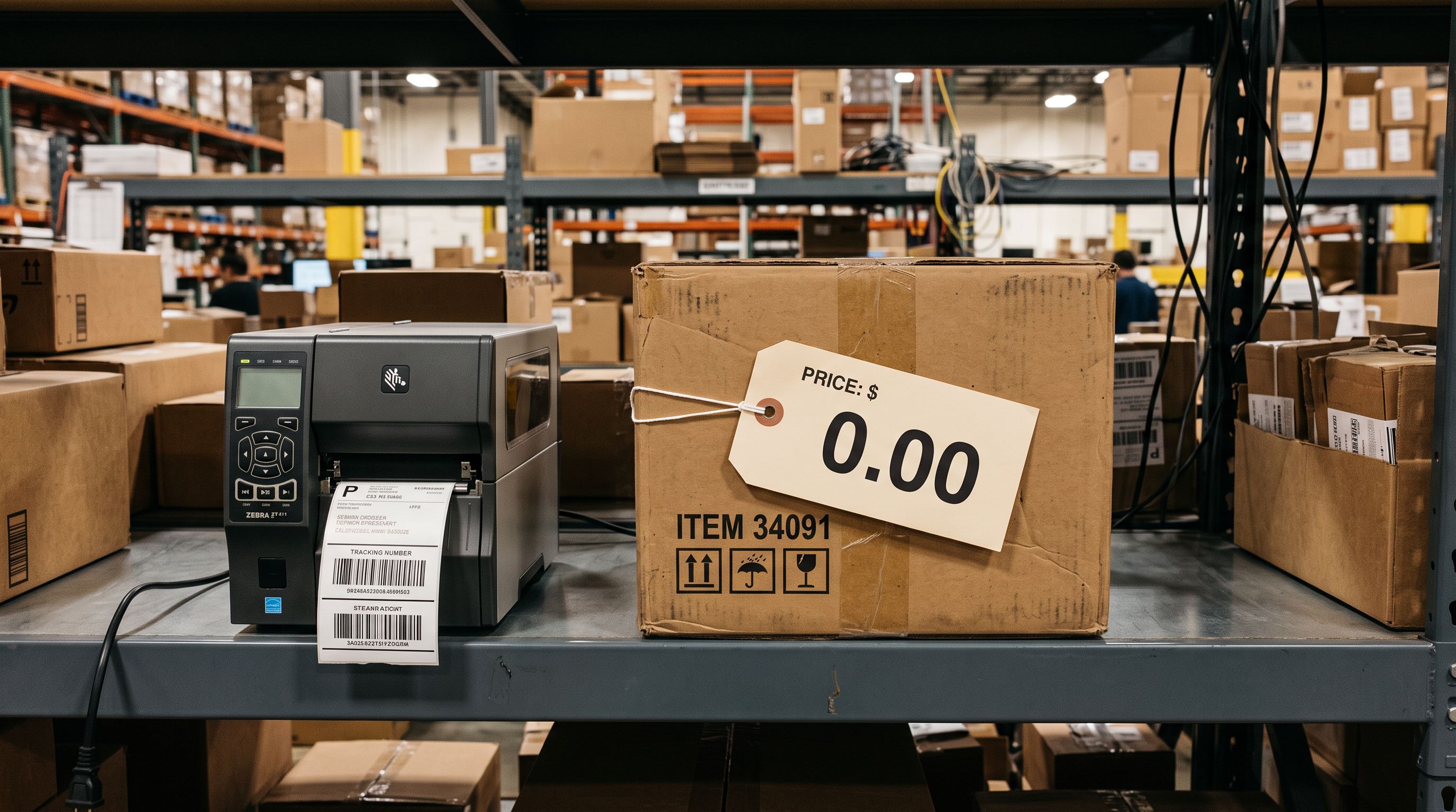 A retail price tag showing $0.00 attached to a cardboard box on a warehouse shelf beside a shipping label printer.