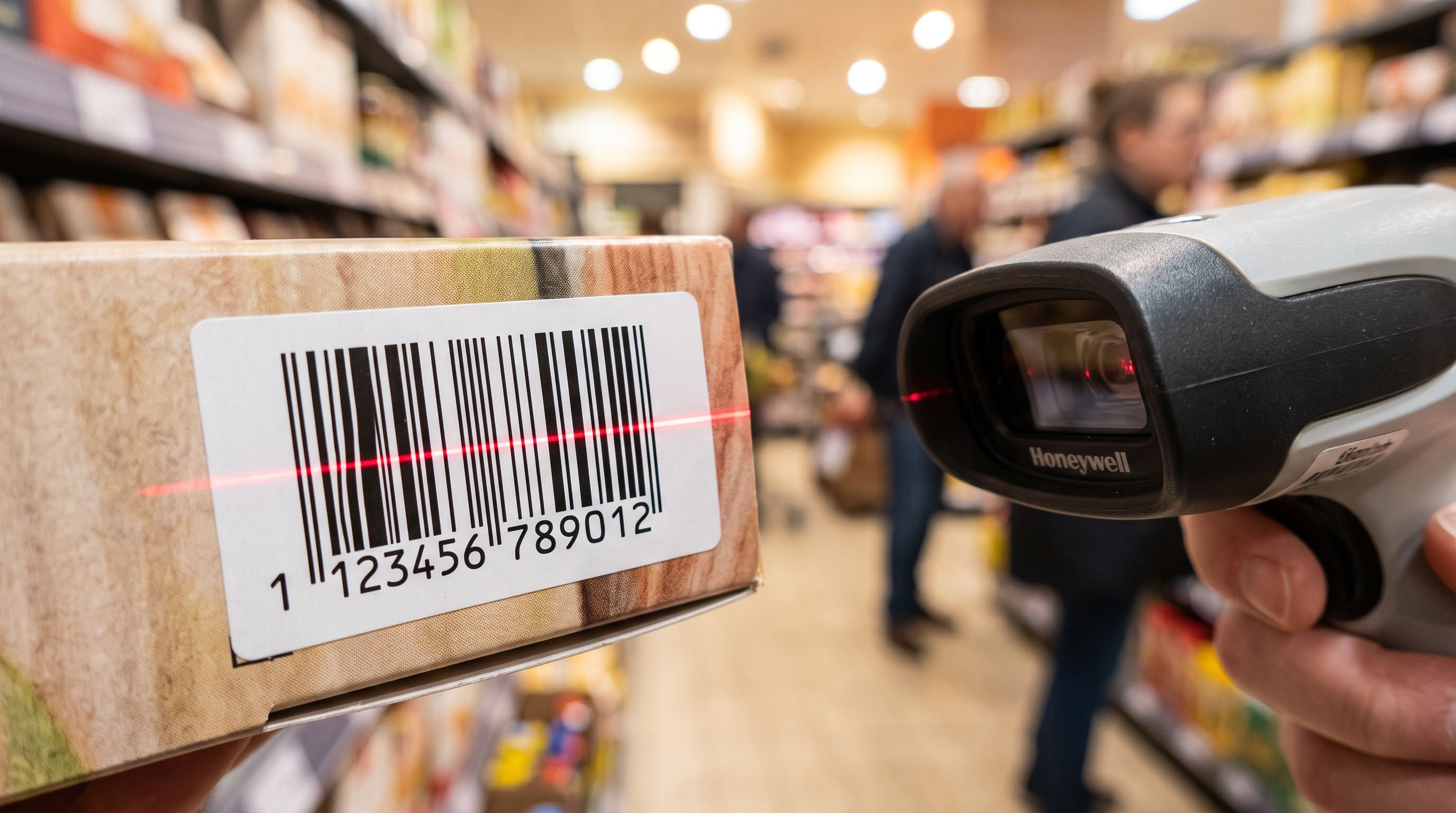 Close-up of a product barcode label on retail packaging, a barcode reader scanning it under bright retail lighting.