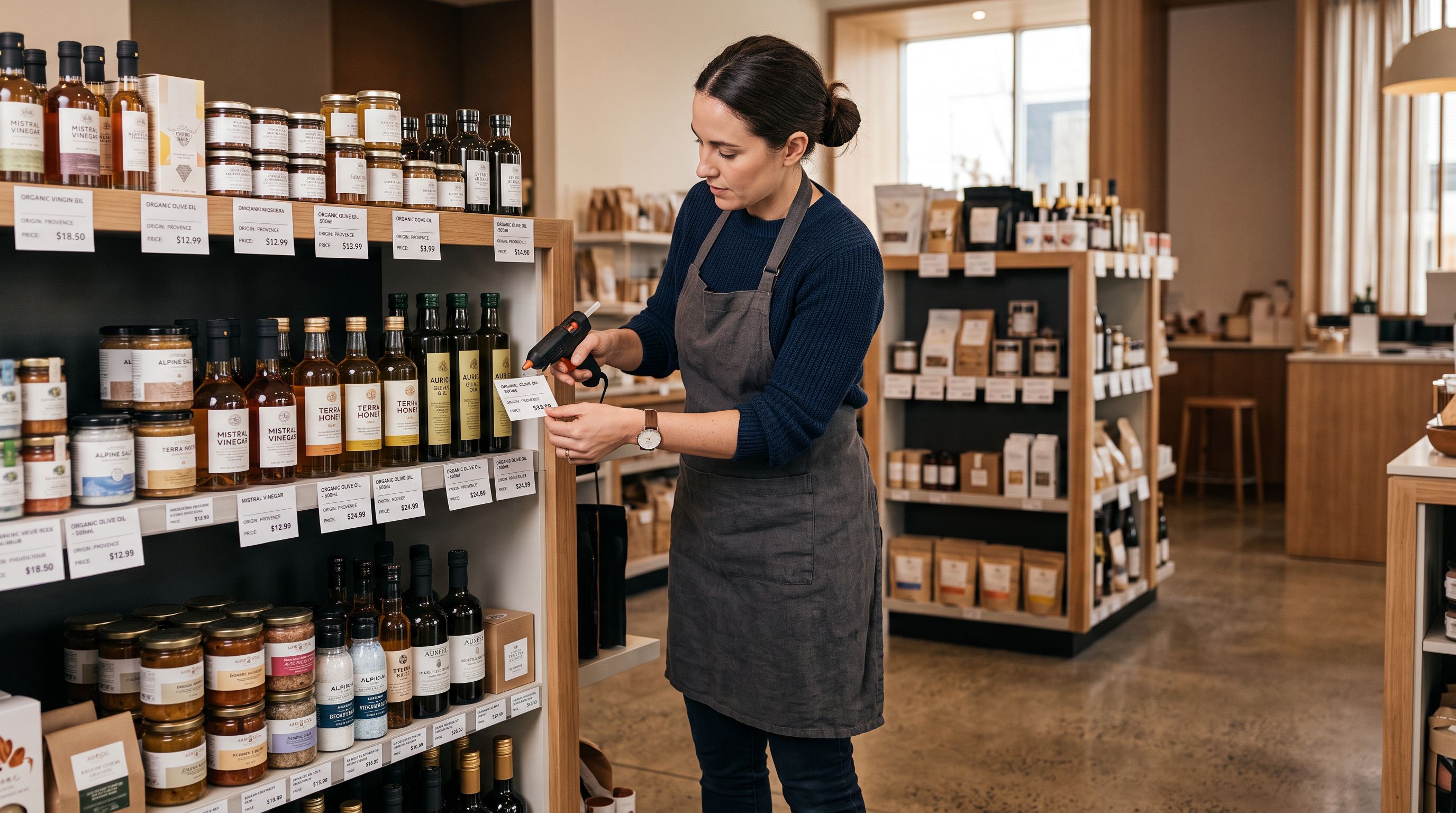 Store worker carefully attaching product information labels to items on a retail display shelf, ensuring each product has a visible price and information card.