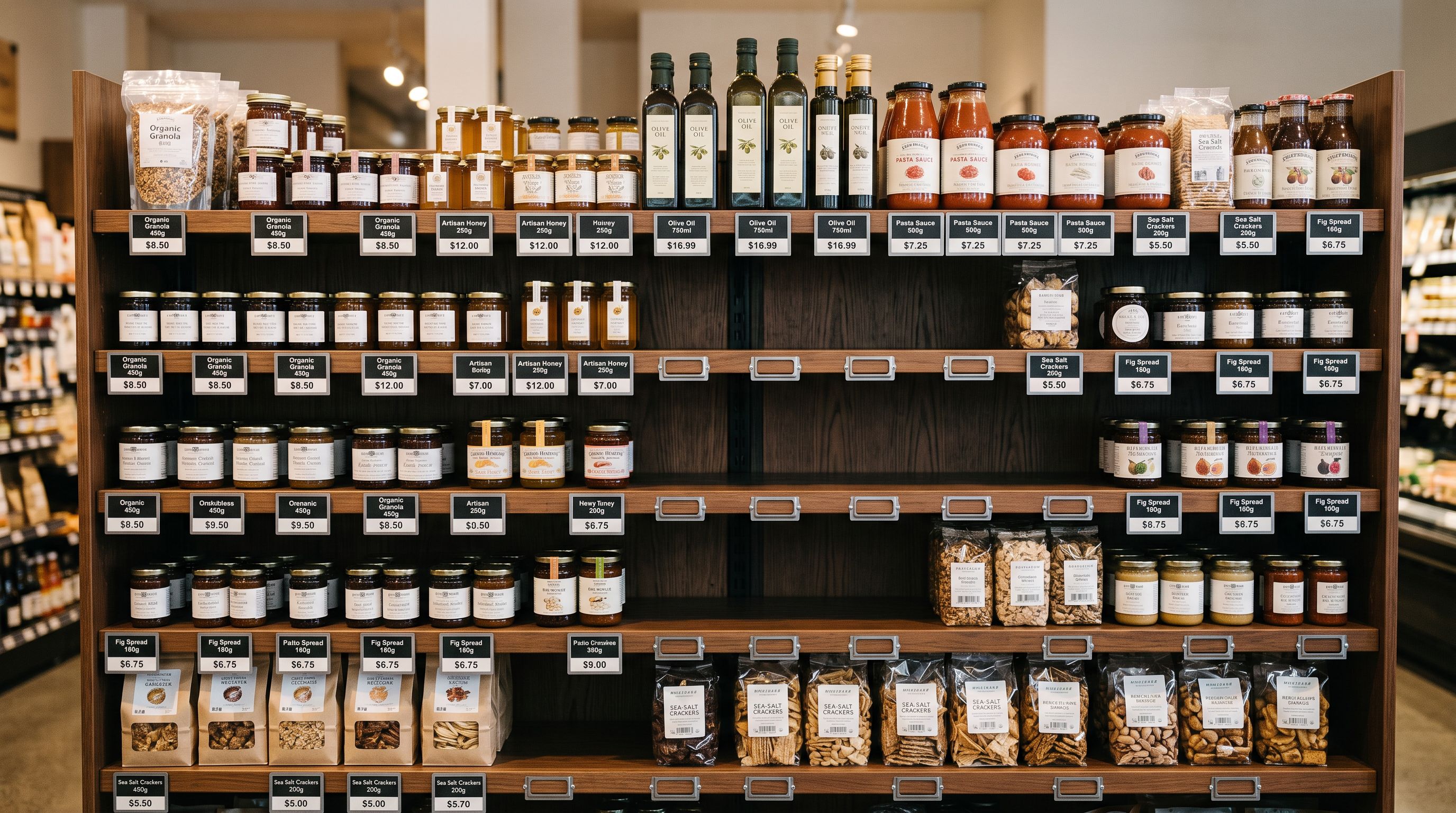 Retail product display shelves with clearly priced tagged items, some price labels visibly missing from certain shelf positions.