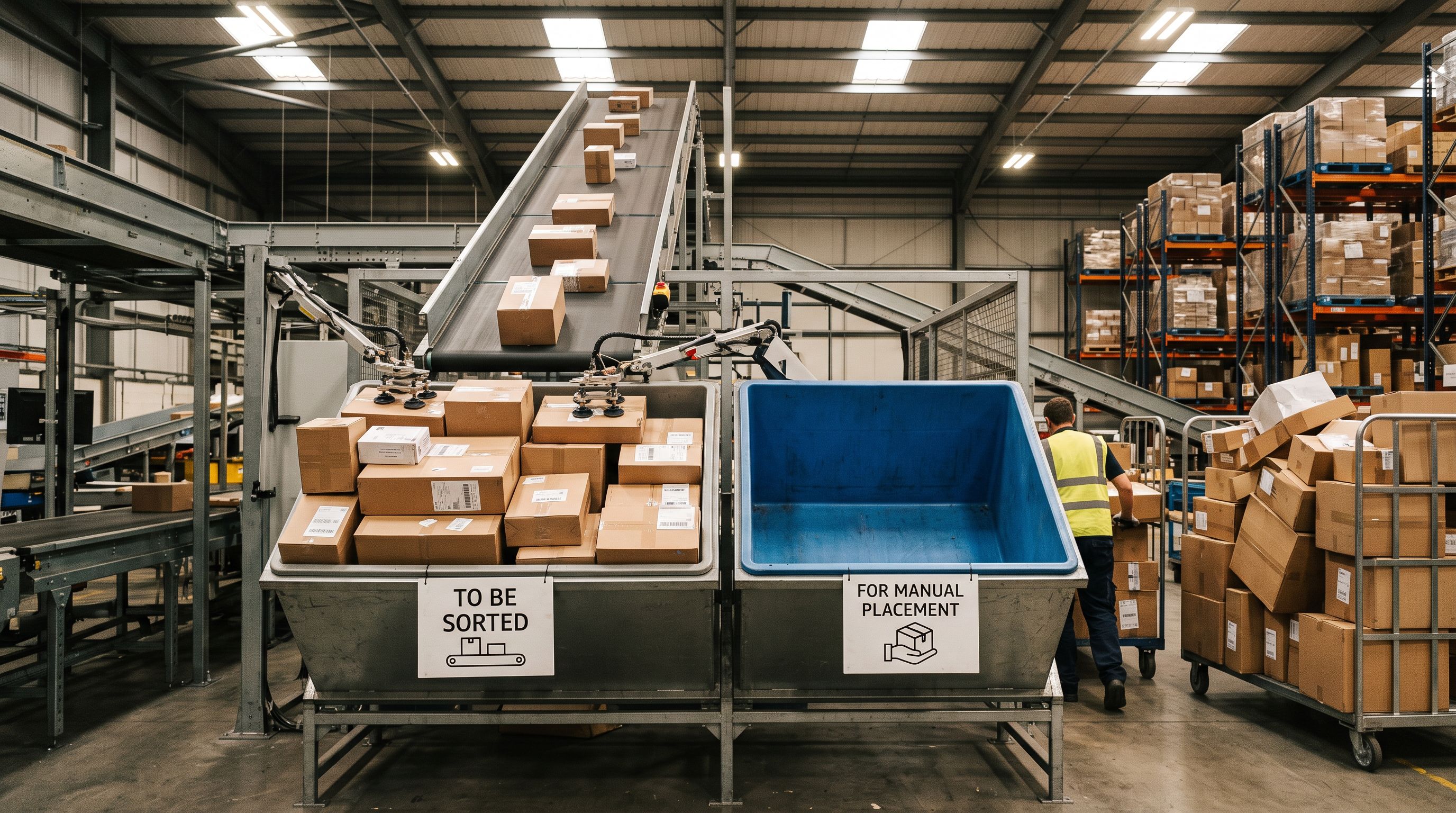 Warehouse sorting station with two labelled bins, one filled with sorted packages and one empty with packages waiting beside it.