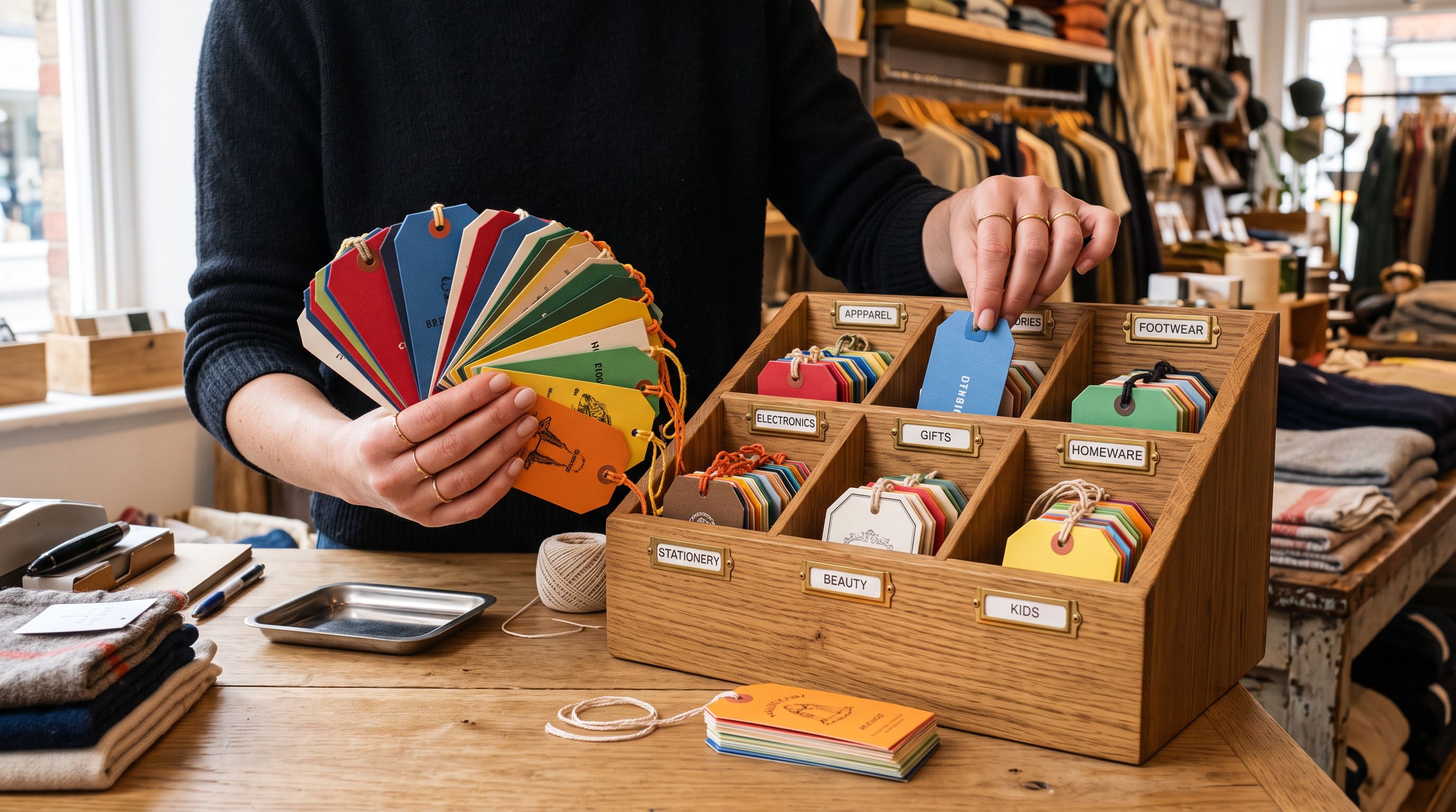 Hands sorting colour-coded product hang tags into labelled compartments in a wooden desktop organiser at a retail counter.