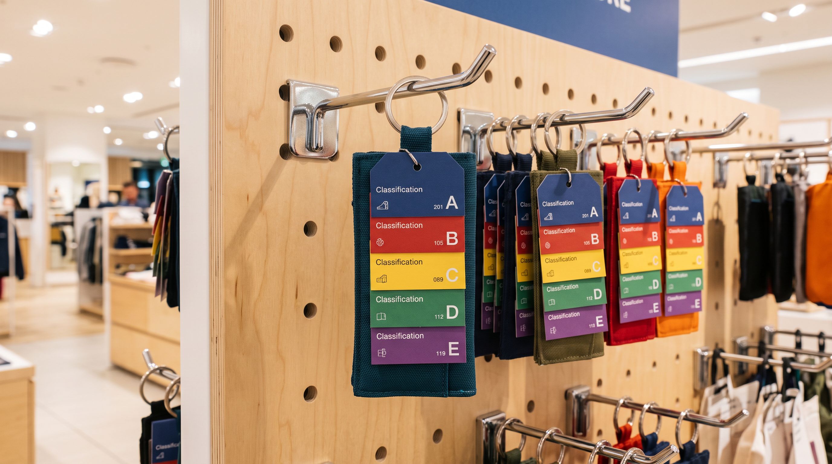 Retail merchandise on a display hook with multiple colour-coded category label tags attached on a bright display rack.