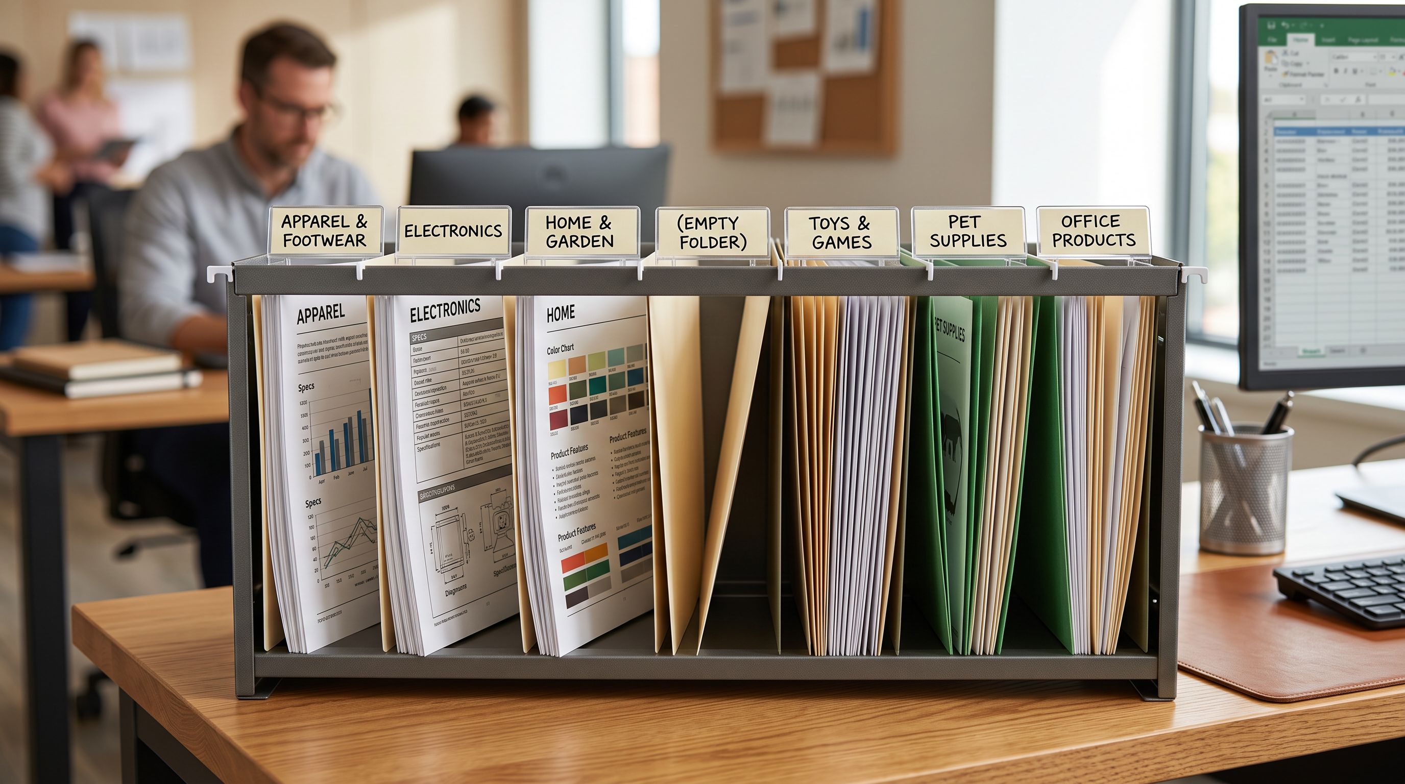 Tabbed filing system with labelled category folder tabs on a commercial desk, one section empty and others filled with product data sheets.