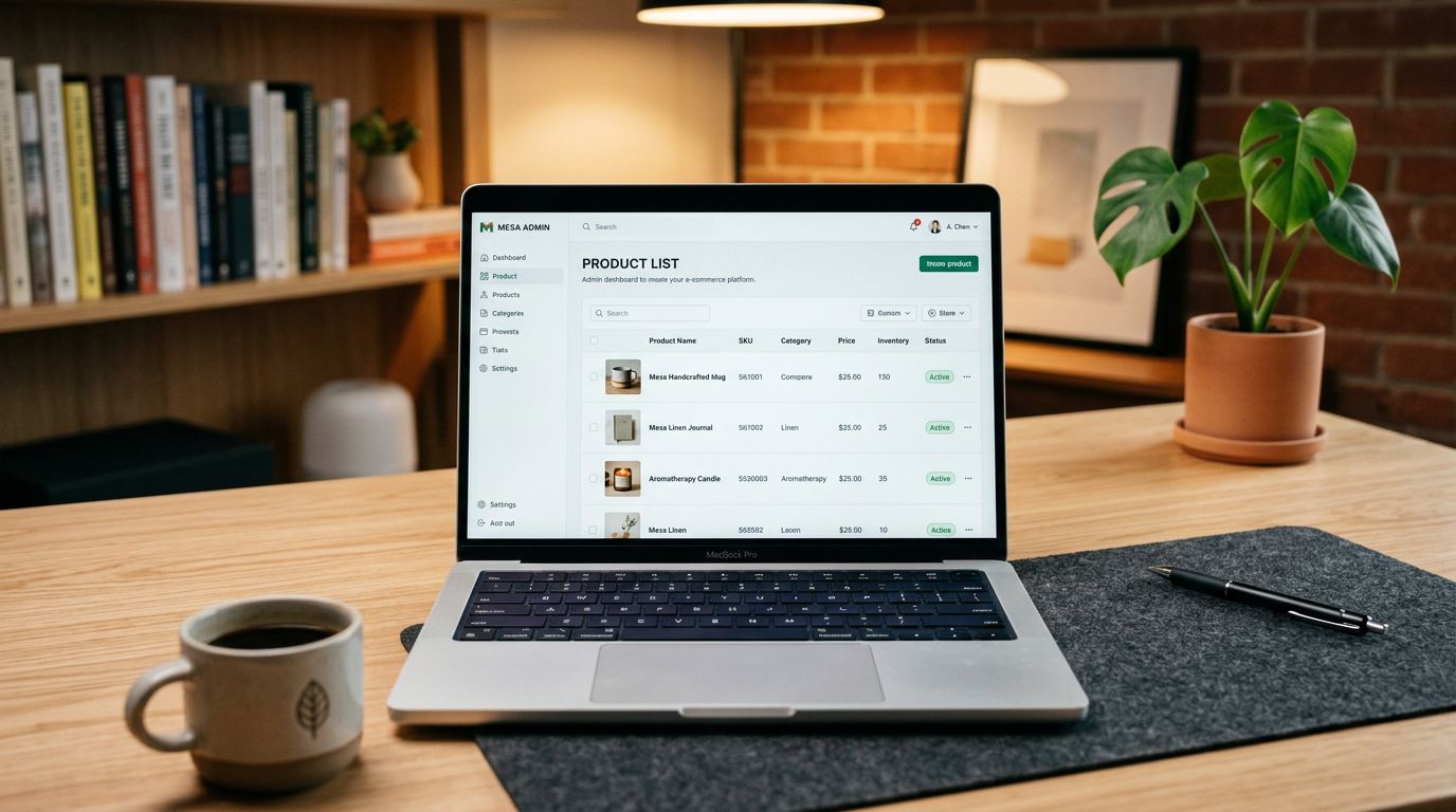A clean desk with an open laptop showing a Shopify admin product list screen, warm overhead studio lighting, shallow depth of field.