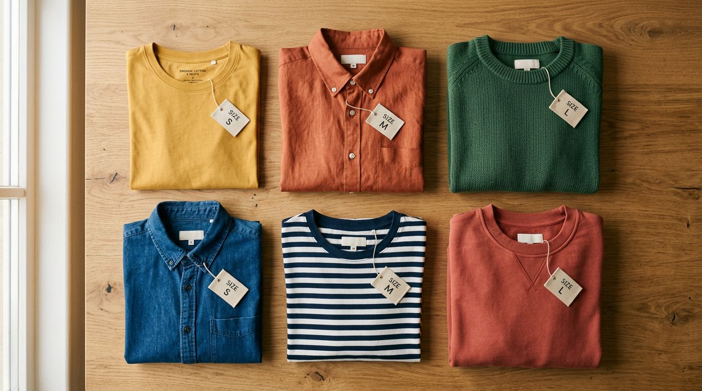 Several colourful clothing items arranged neatly on a clean wooden surface, each labelled with a small size tag, warm natural side lighting.