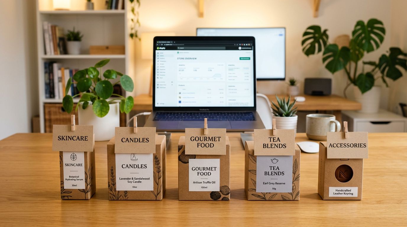 A clean wooden table with several product boxes arranged on it, labelled with category names, a laptop open in the background showing an admin interface, warm overhead lighting.