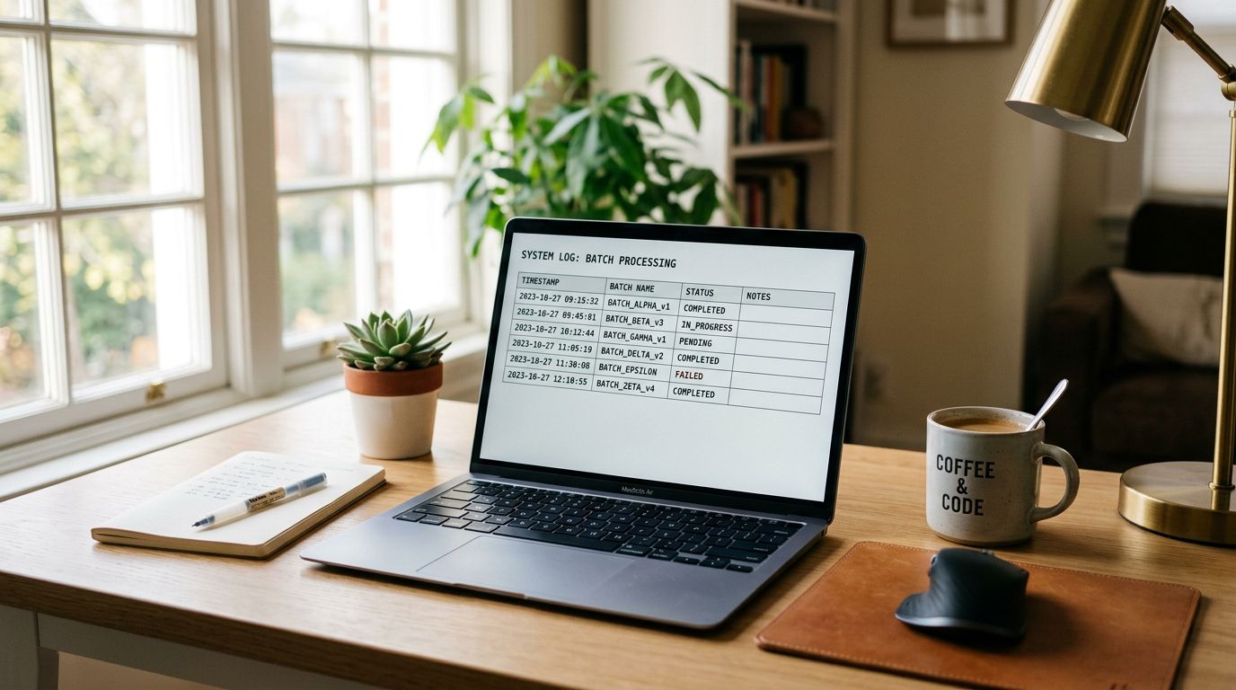 A clean desk with an open laptop showing an import history log with a clear list of timestamps and batch names, warm natural light from a window, shallow depth of field.