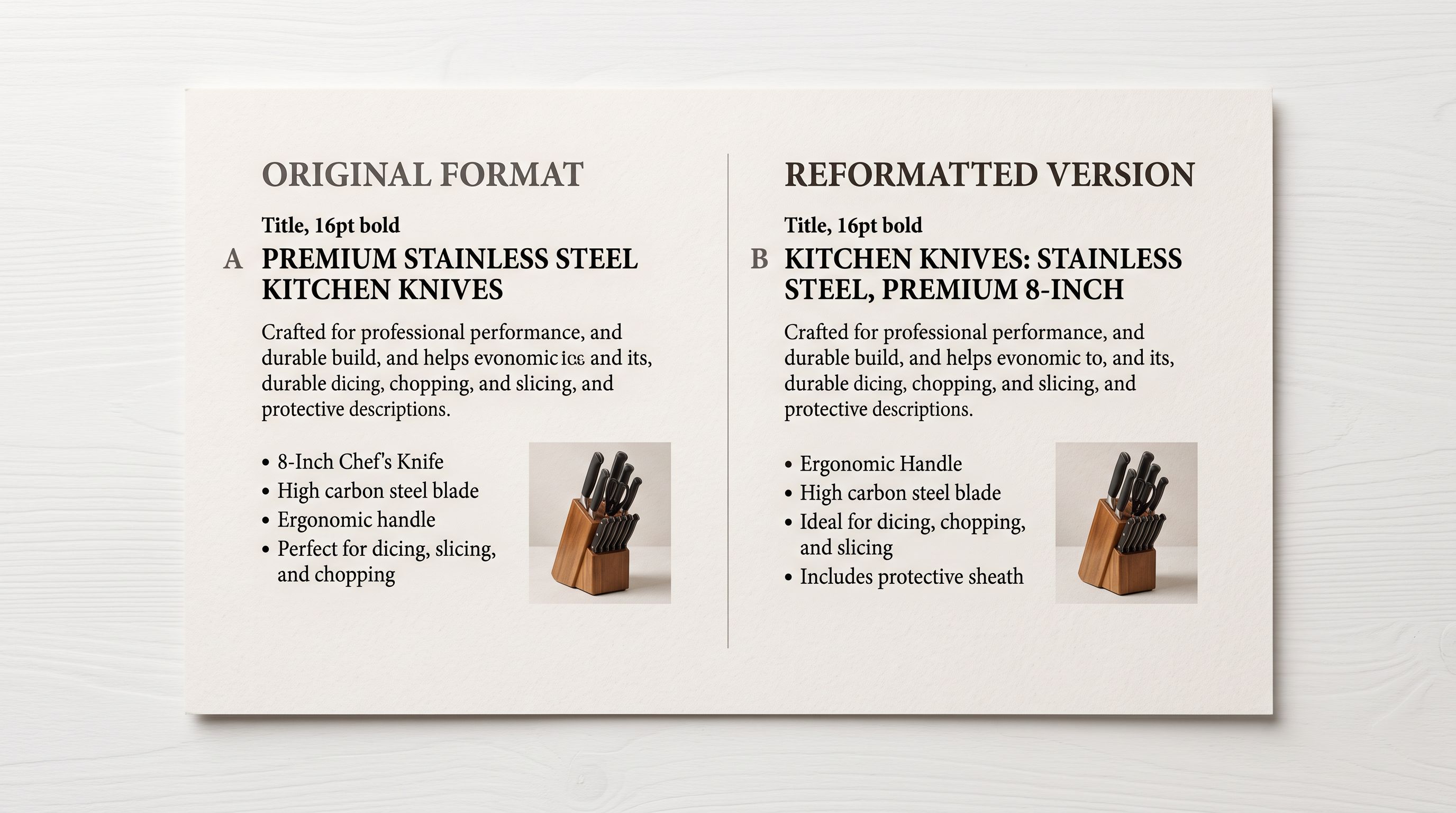 A printed catalogue update sheet showing two versions of the same product entry side by side, with the original product title on the left and a slightly reformatted supplier title on the right.