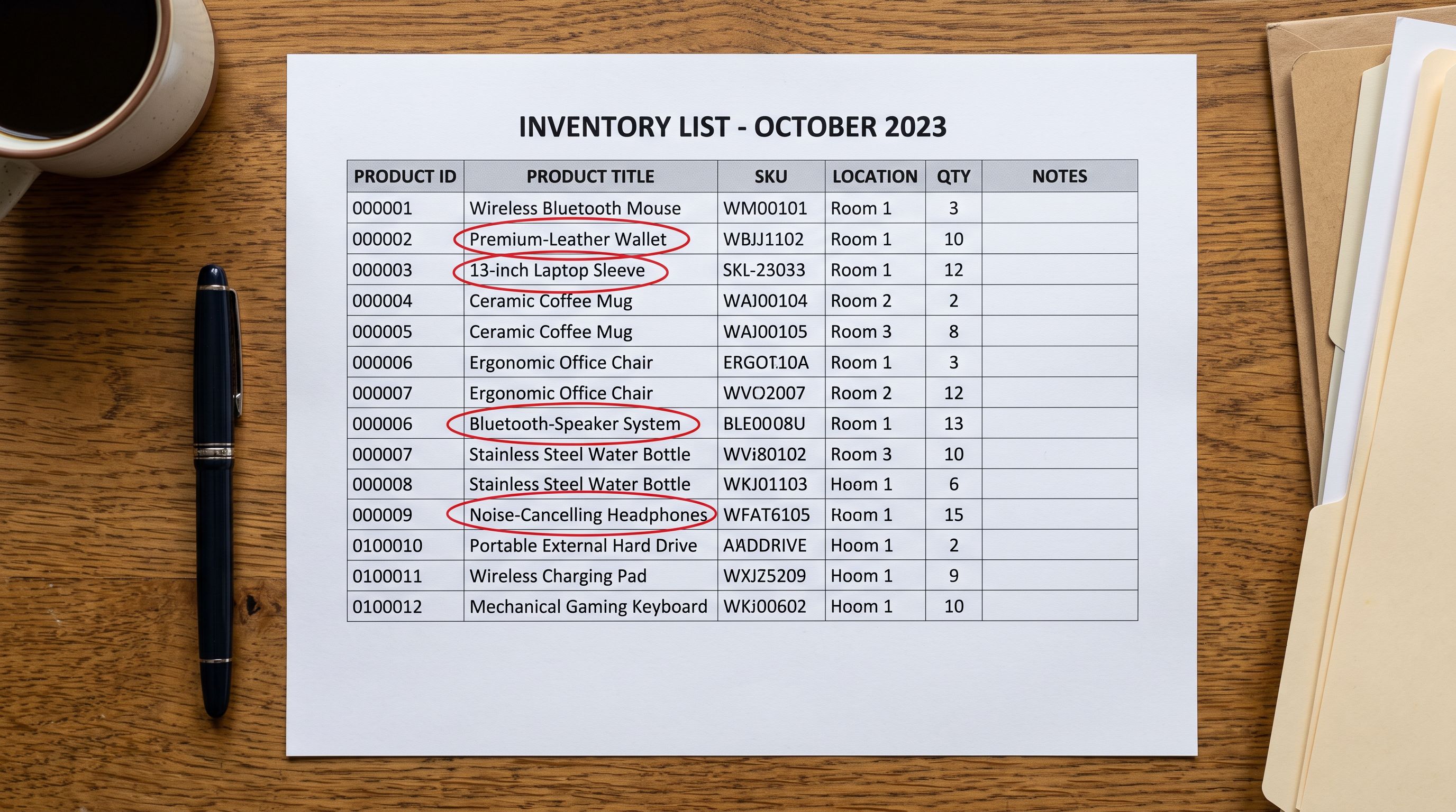 A printed inventory sheet showing product entries with mismatched title formats, where some entries have hyphens and others do not, with red circles drawn around the format inconsistencies.