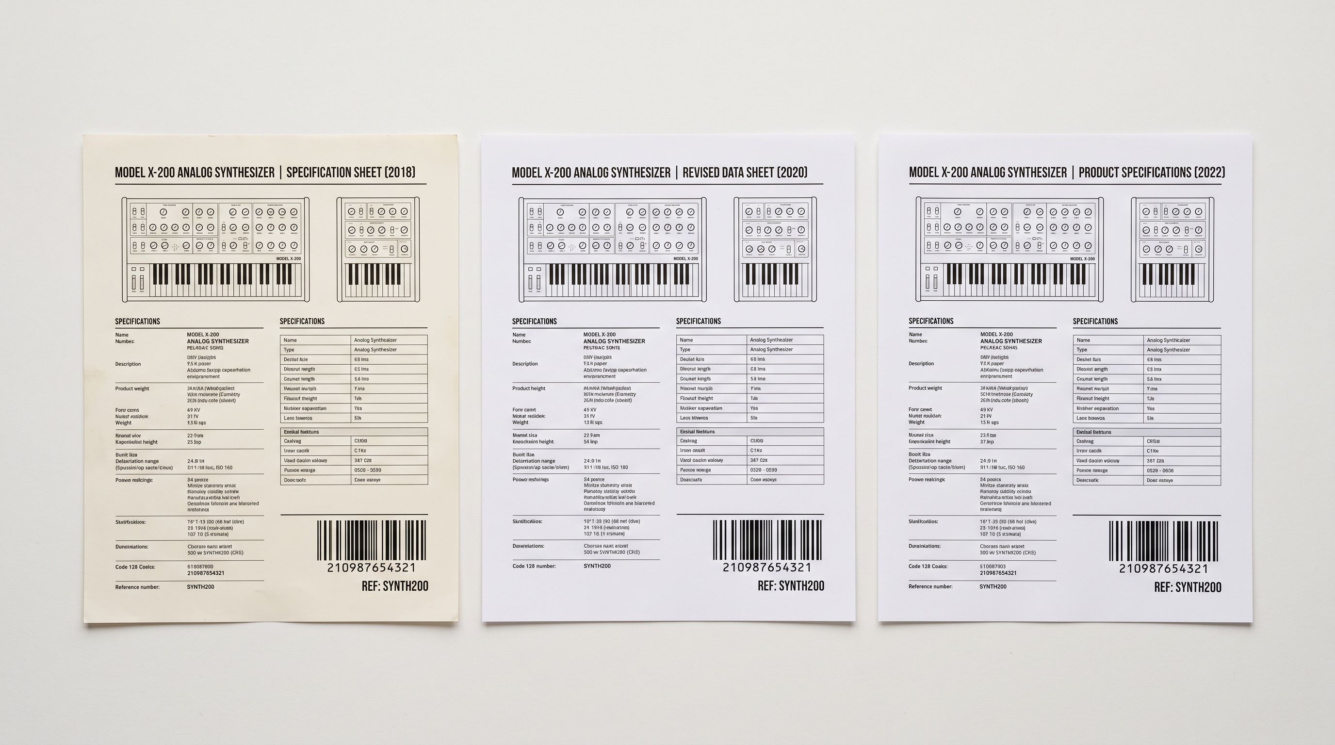 Three printed product catalogue pages from different years showing the same product with slightly different title formats in each version, with the barcode and SKU remaining consistent across all three.