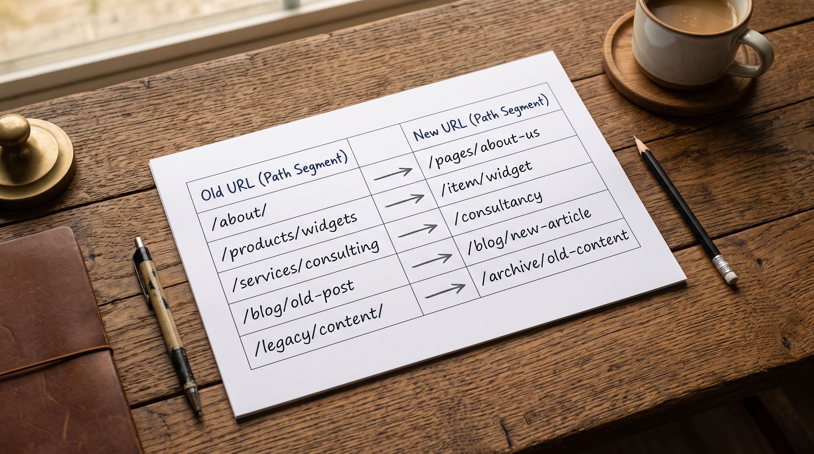 A printed redirect mapping table on a desk showing two columns of URL paths, old paths on the left and new paths on the right, with connecting arrows drawn between matched pairs.
