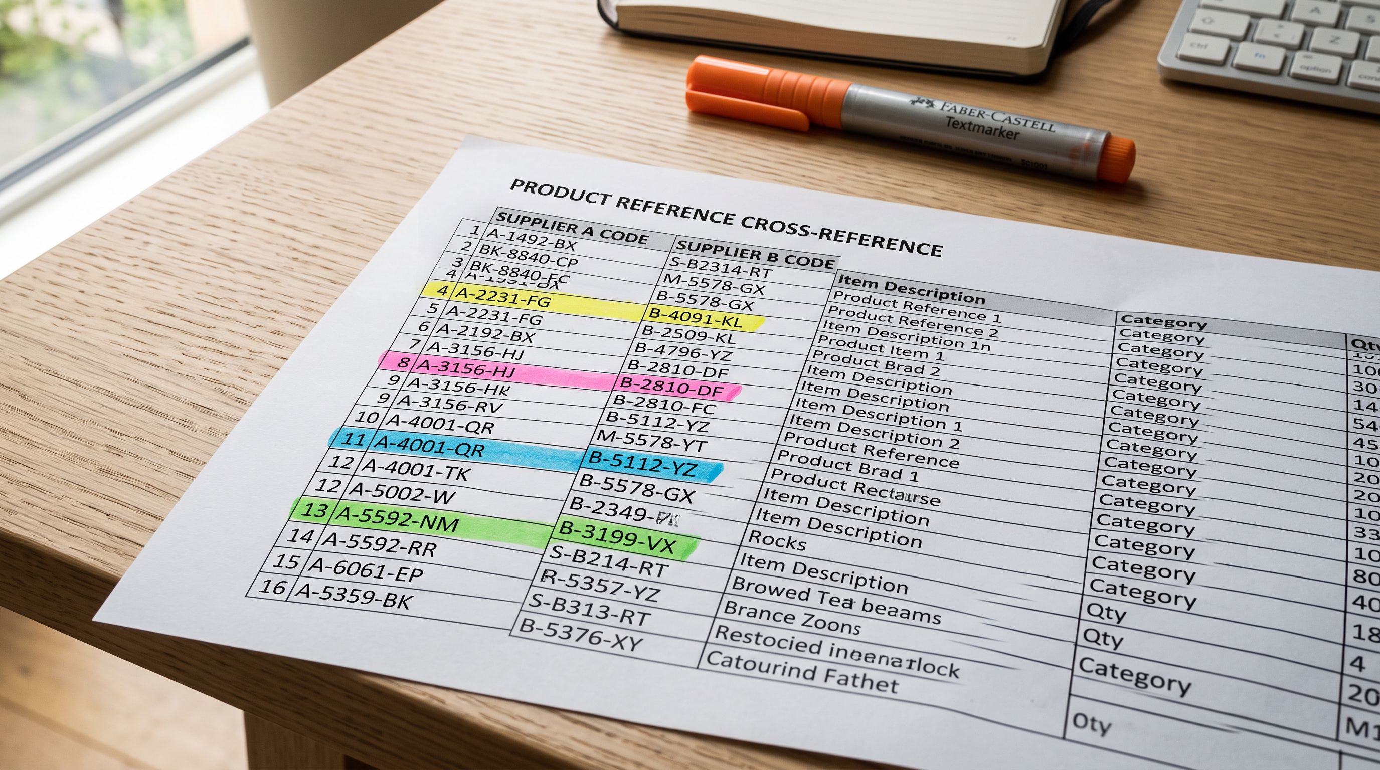 A printed spreadsheet showing two columns of product SKU numbers side by side with matching rows highlighted in the same colour to show which products align between two catalogue versions.