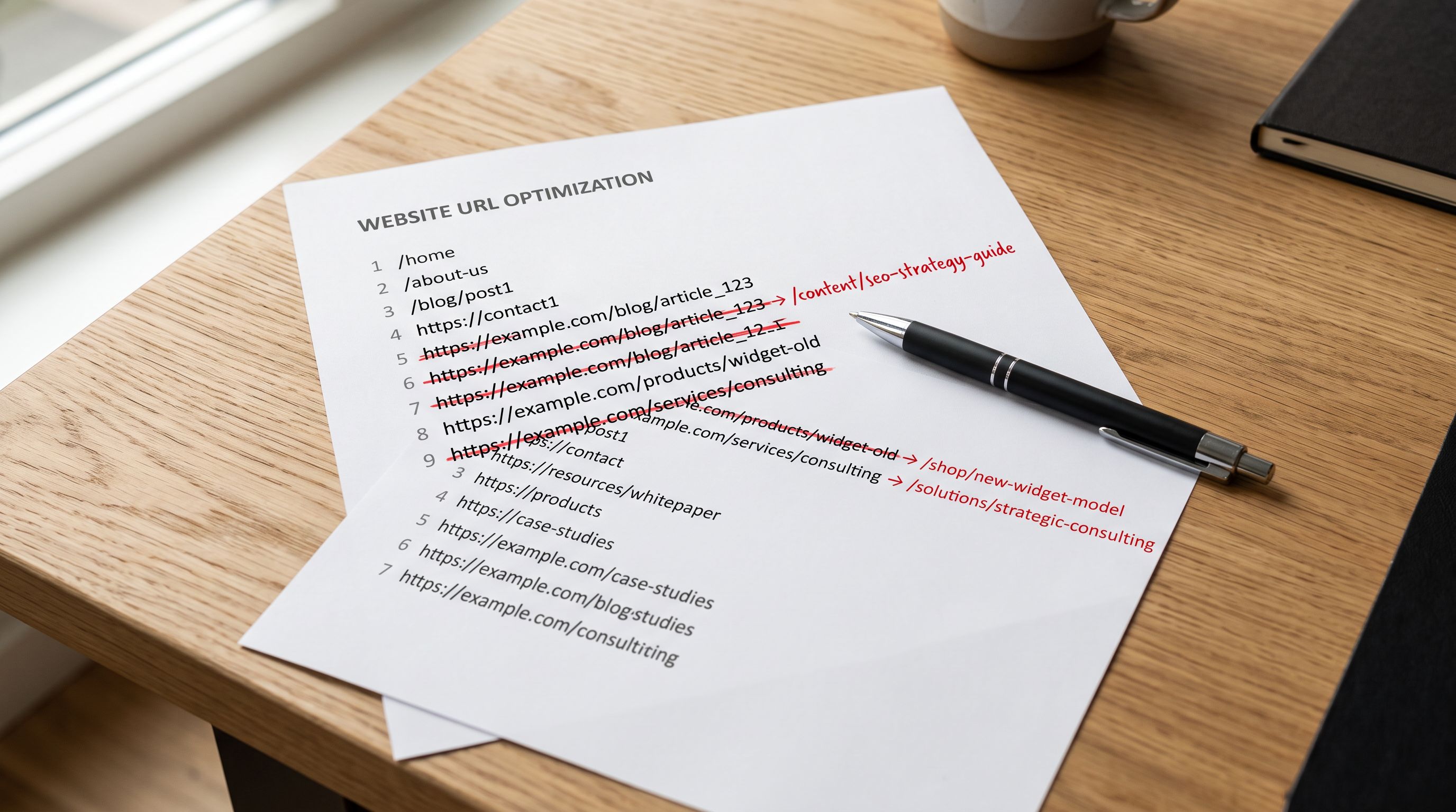 A printed list of website URLs on paper spread across a desk with some lines crossed out and replacement URLs written beside them in red pen.