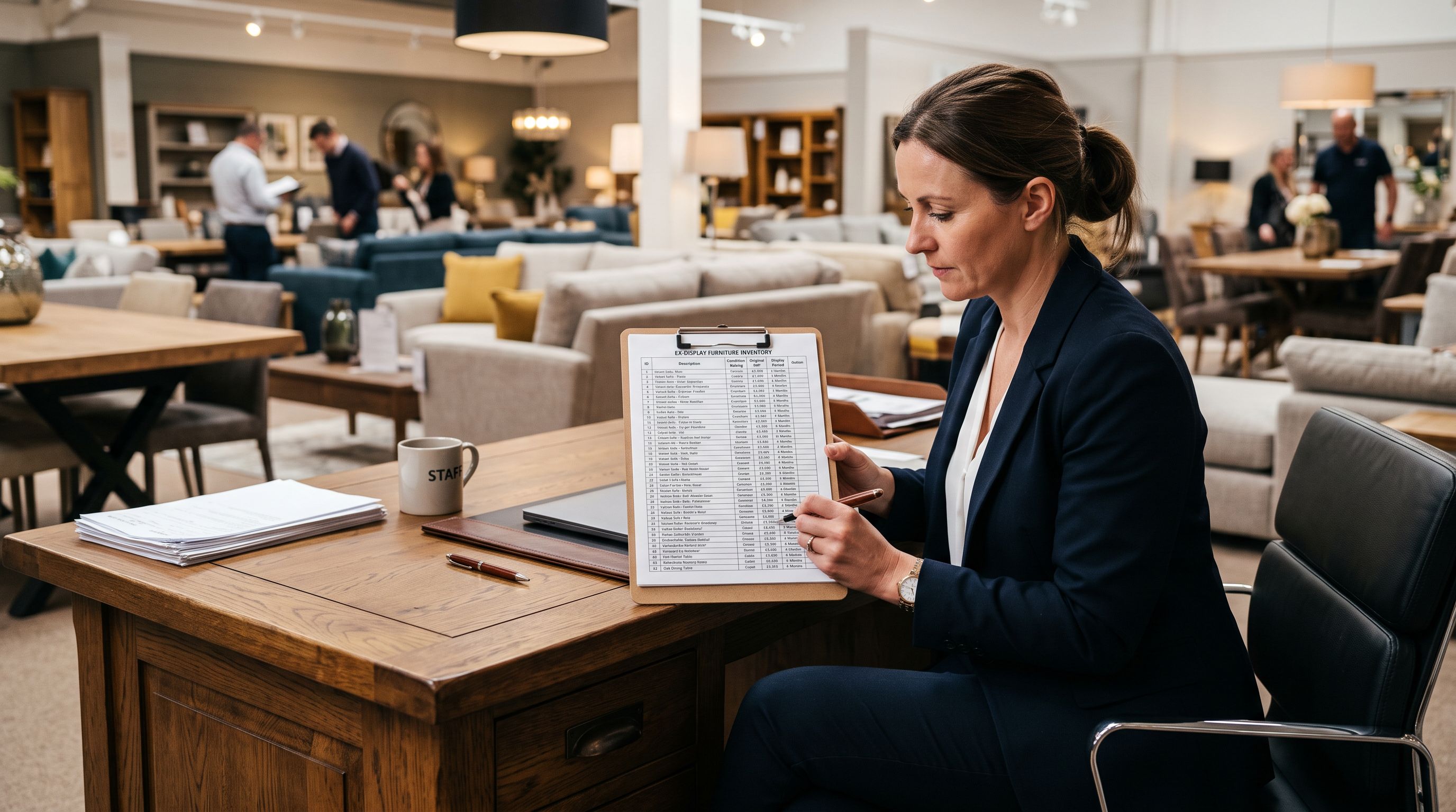 Furniture showroom floor manager at a large desk reviewing a printed checklist of ex-display items showing each piece's condition rating, original RRP, and display period duration arranged in rows on a clipboard.