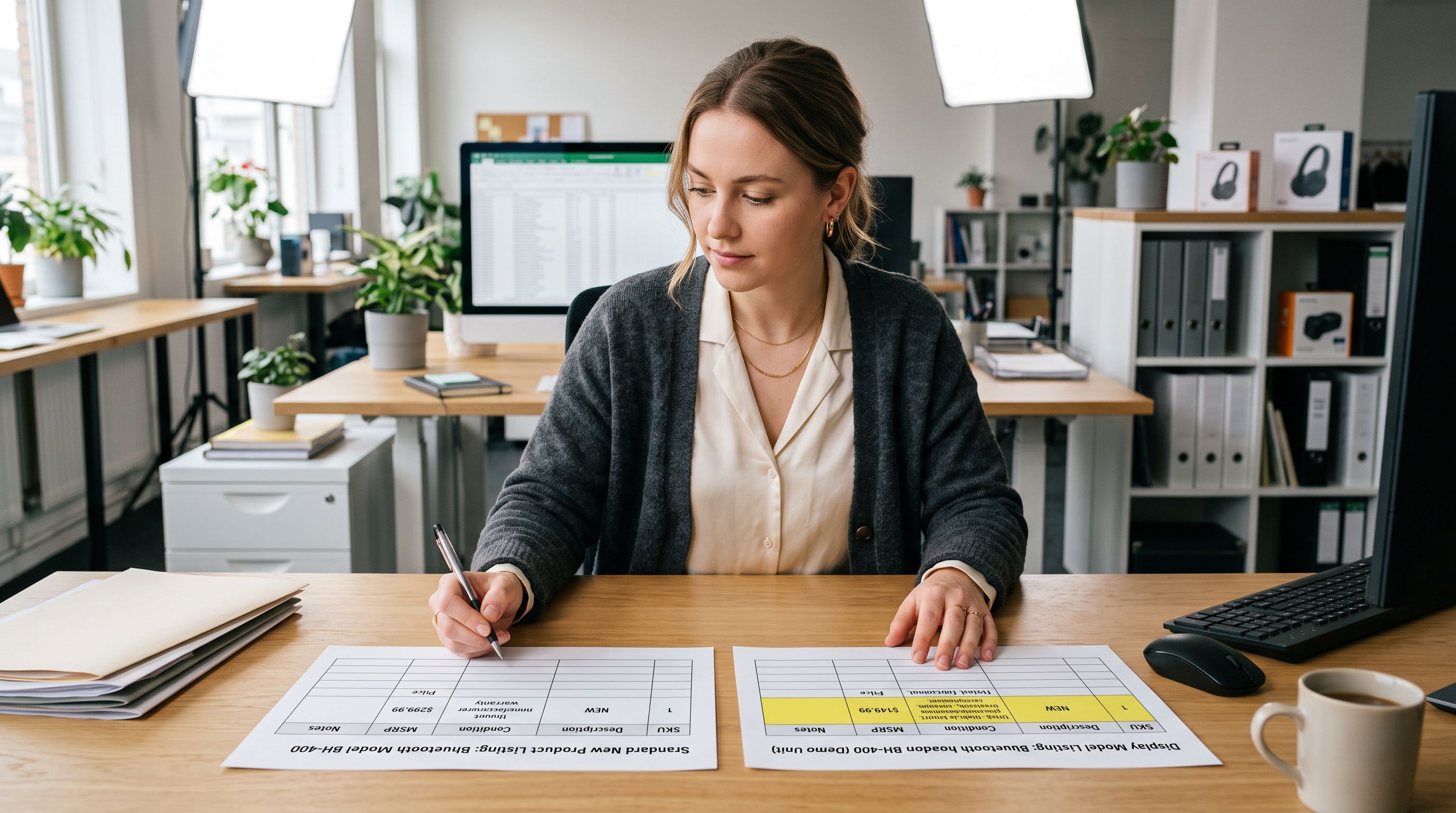 Retail operations coordinator at a workstation reviewing two product listing printouts side by side, one showing a standard new product listing and one showing a display model listing with condition notes and reduced pricing highlighted with coloured markers.