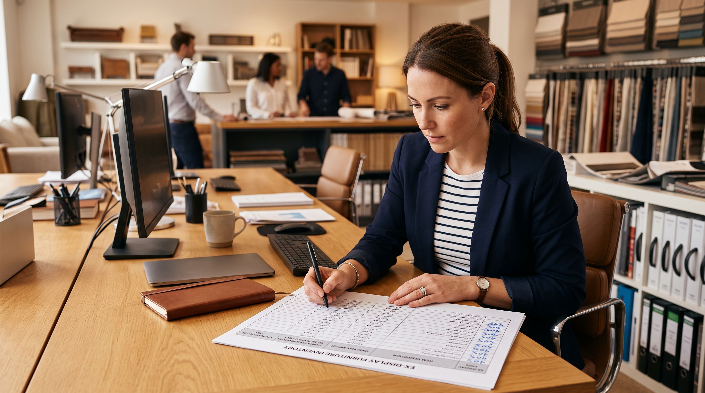 Furniture pricing analyst at a desk reviewing a printed spreadsheet showing ex-display items with original RRP values in one column and condition-discounted selling prices in an adjacent column, with percentage discount annotations written in the margin.