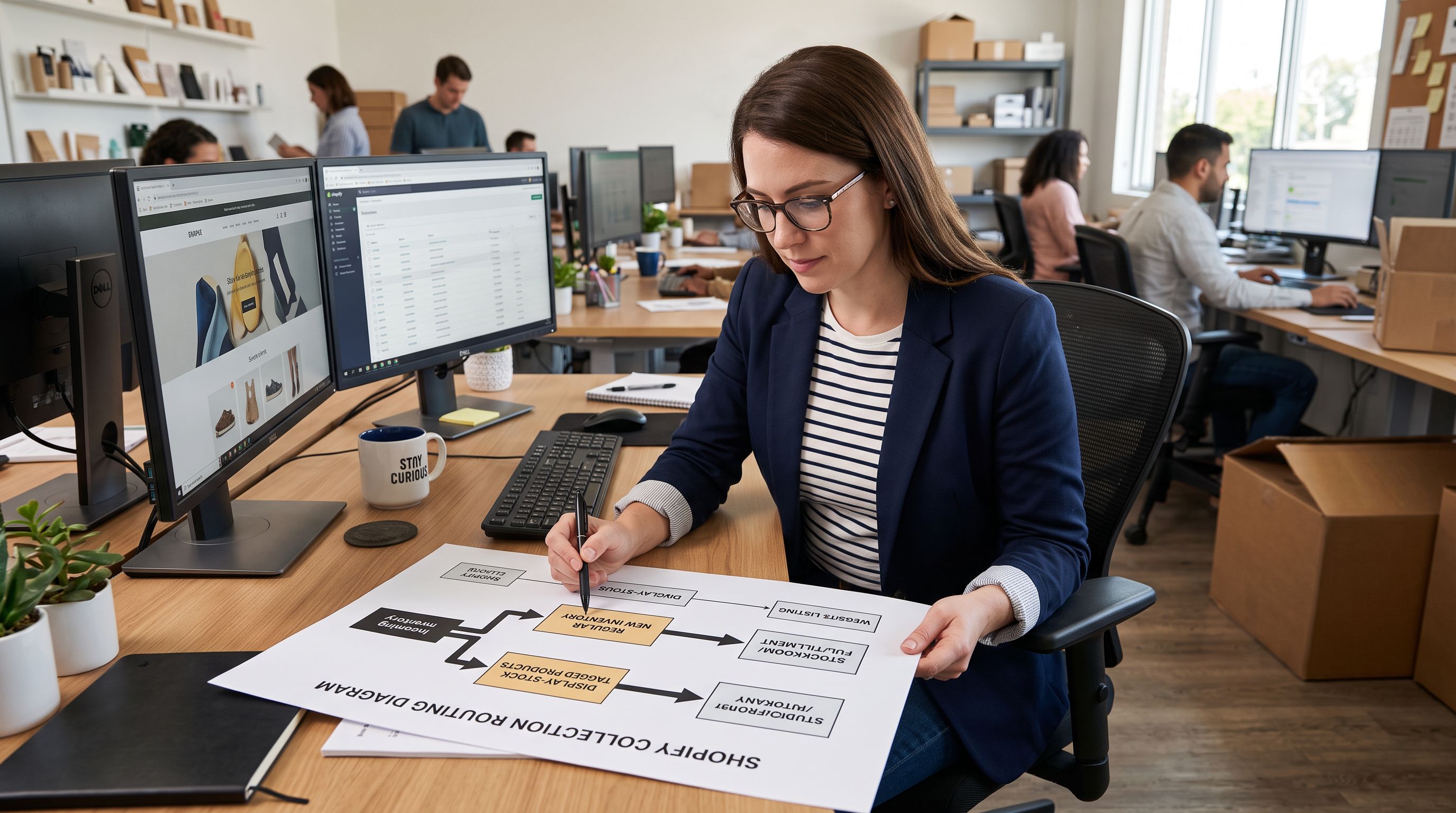 Furniture operations team member at a workstation reviewing a printed Shopify collection structure diagram showing how display-stock tagged products route separately from regular inventory into a dedicated ex-showroom collection.