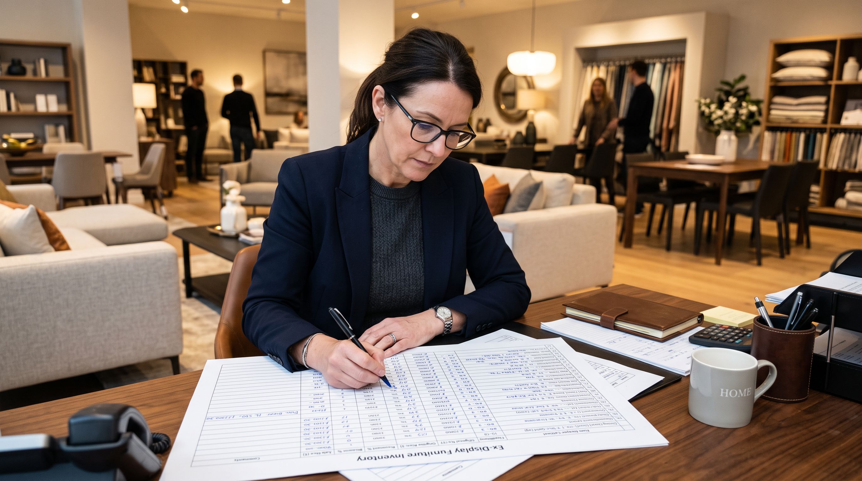 Furniture showroom manager at a workstation reviewing a printed inventory list of ex-display items with condition notes and pricing information arranged in a structured table format