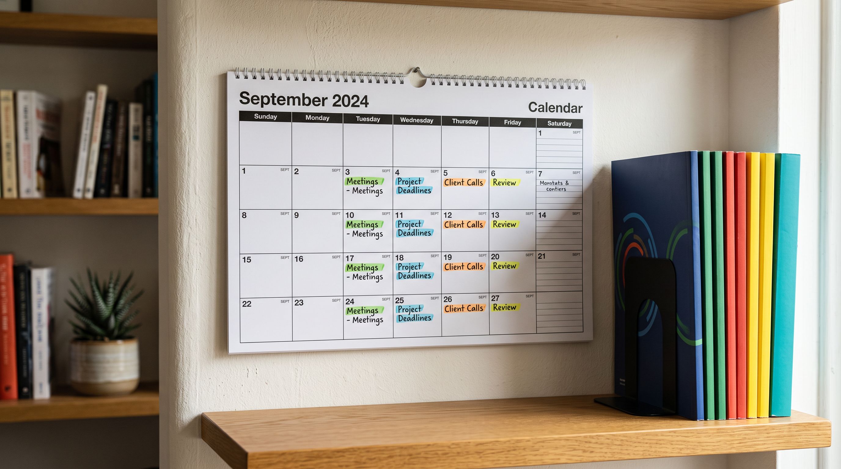 Commercial wall calendar with recurring weekly highlighted dates beside a stack of colour-coded supplier price catalogues on an office shelf.