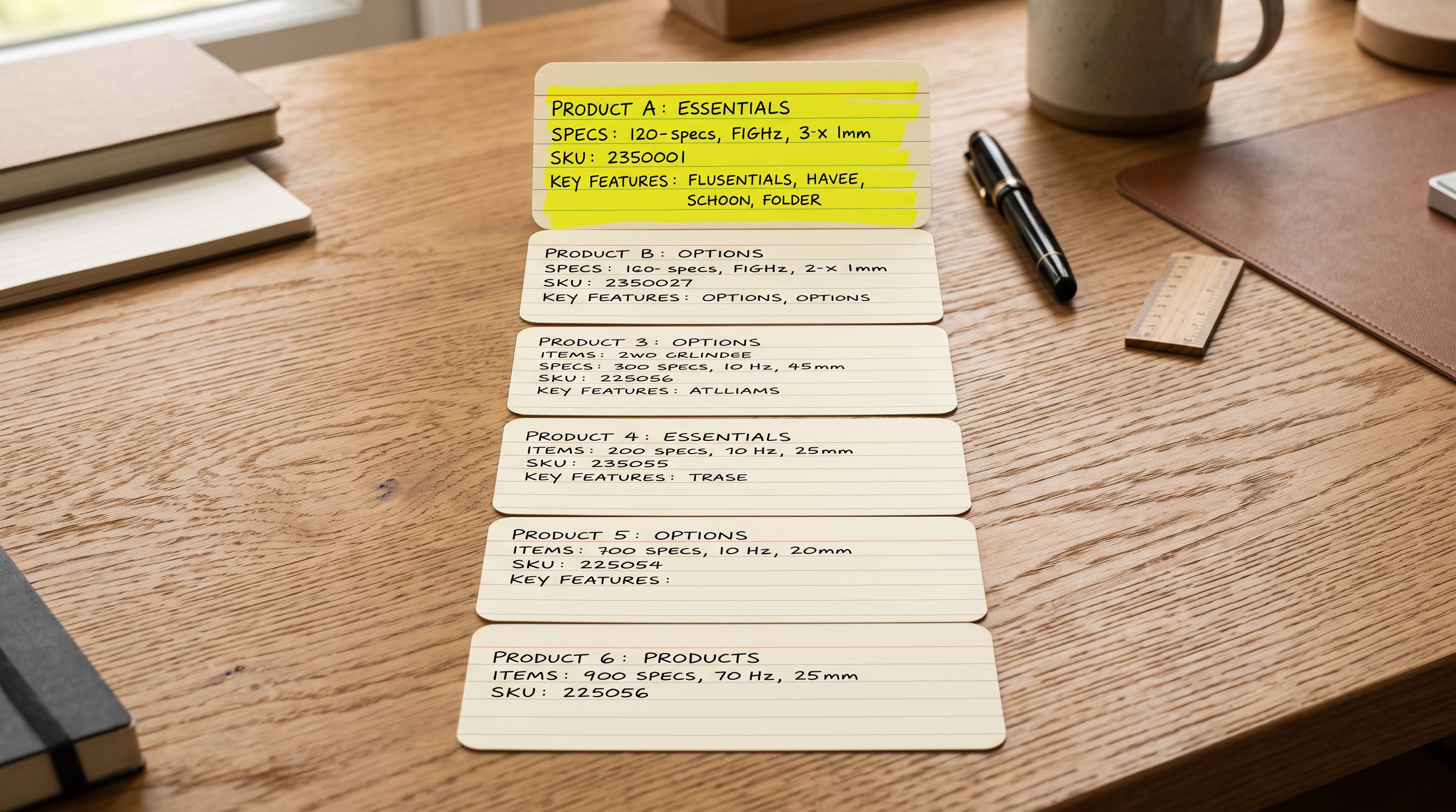 Six product index cards arranged in a column on a desk, the top card highlighted with a marker representing search field weighting priority in a catalogue index system
