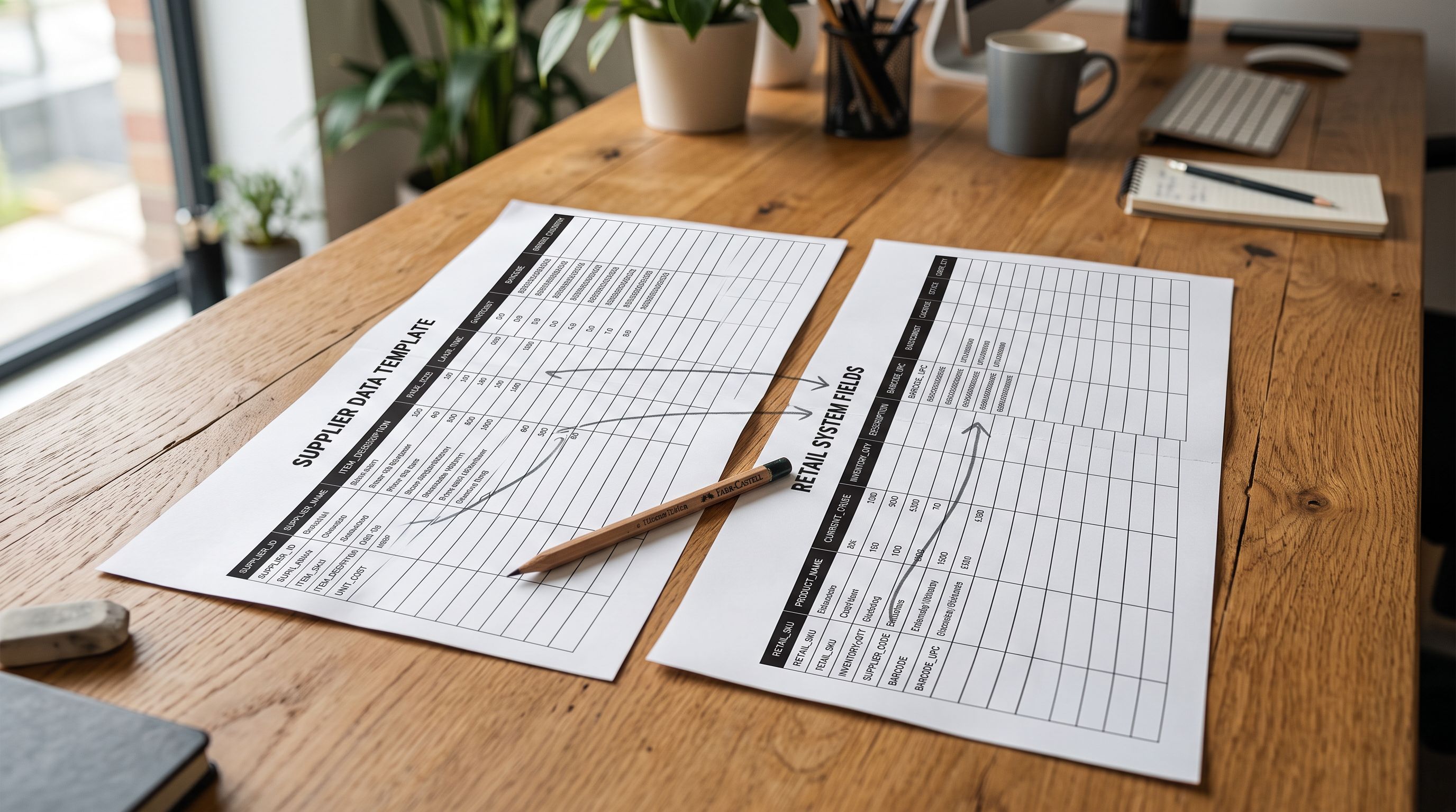 Two printed spreadsheet templates side by side on a desk with pencil arrows connecting matching field names, several fields on each sheet showing no corresponding match in the other column