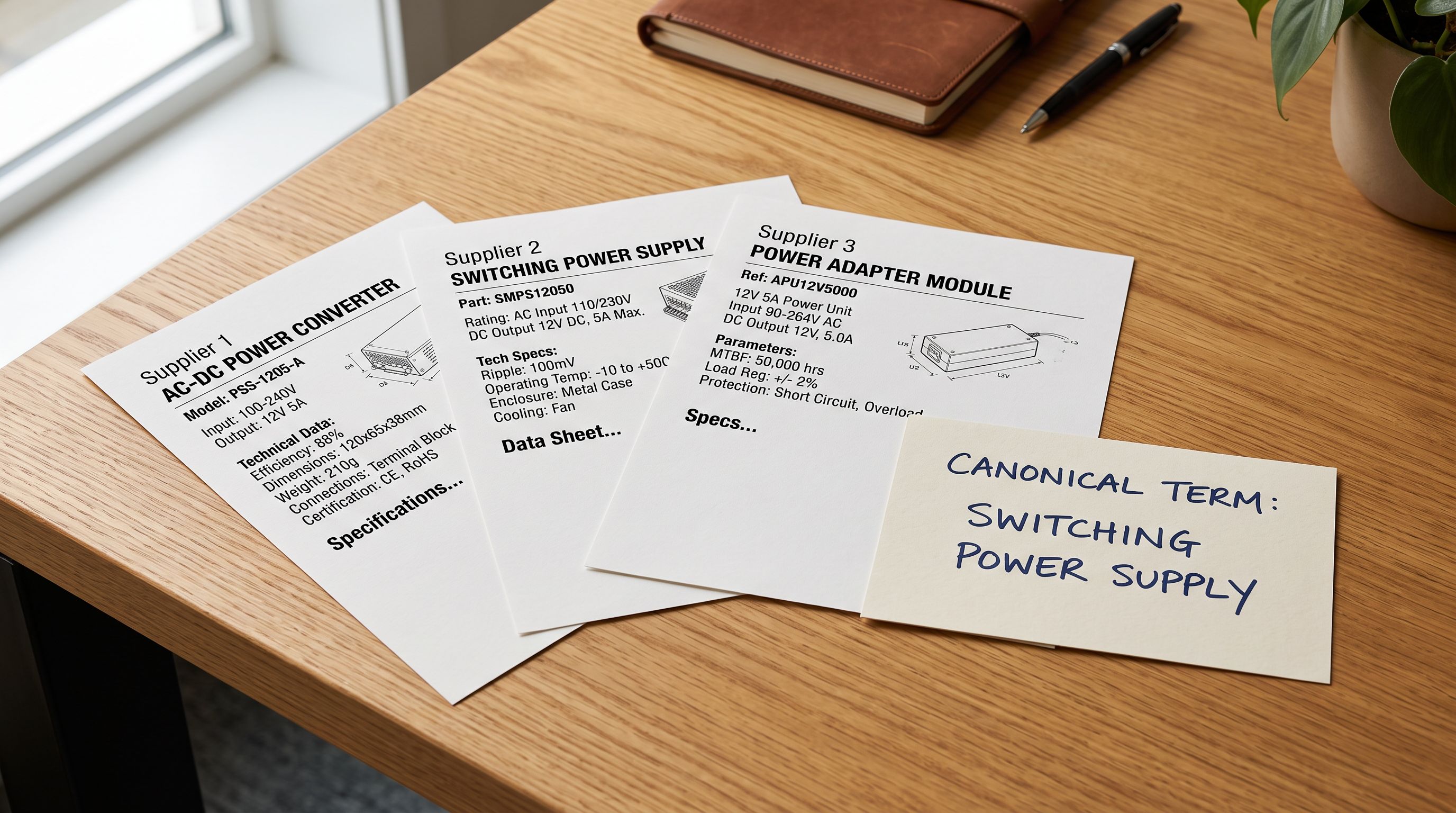 Three printed product data sheets from different suppliers fanned on a desk each showing a different label for the same product category, beside a single reference card with one canonical approved term