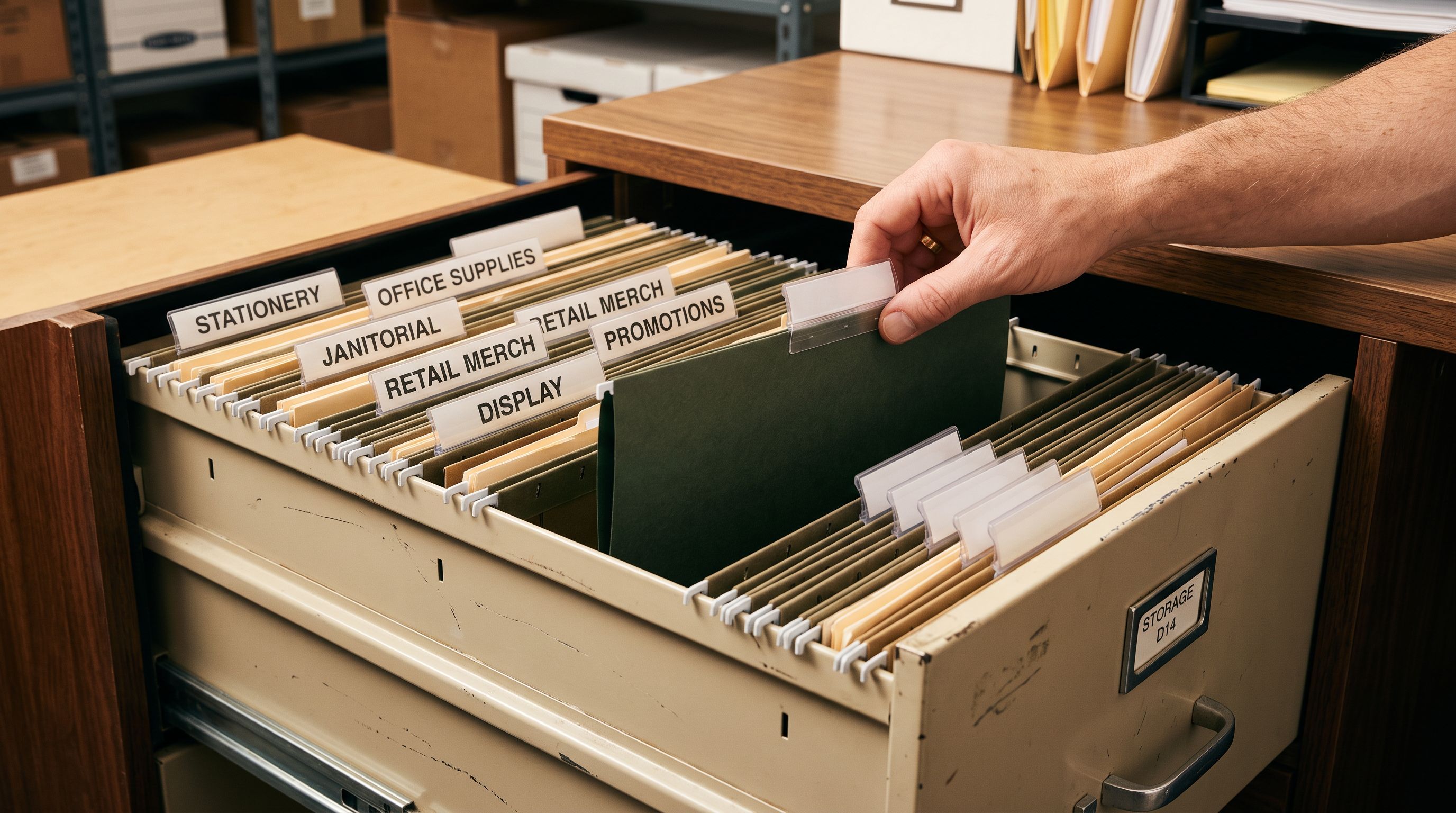 Retail filing cabinet drawer showing hanging product category folders with bold labels on some and blank unlabelled tabs on others, representing missing product type fields in imported data