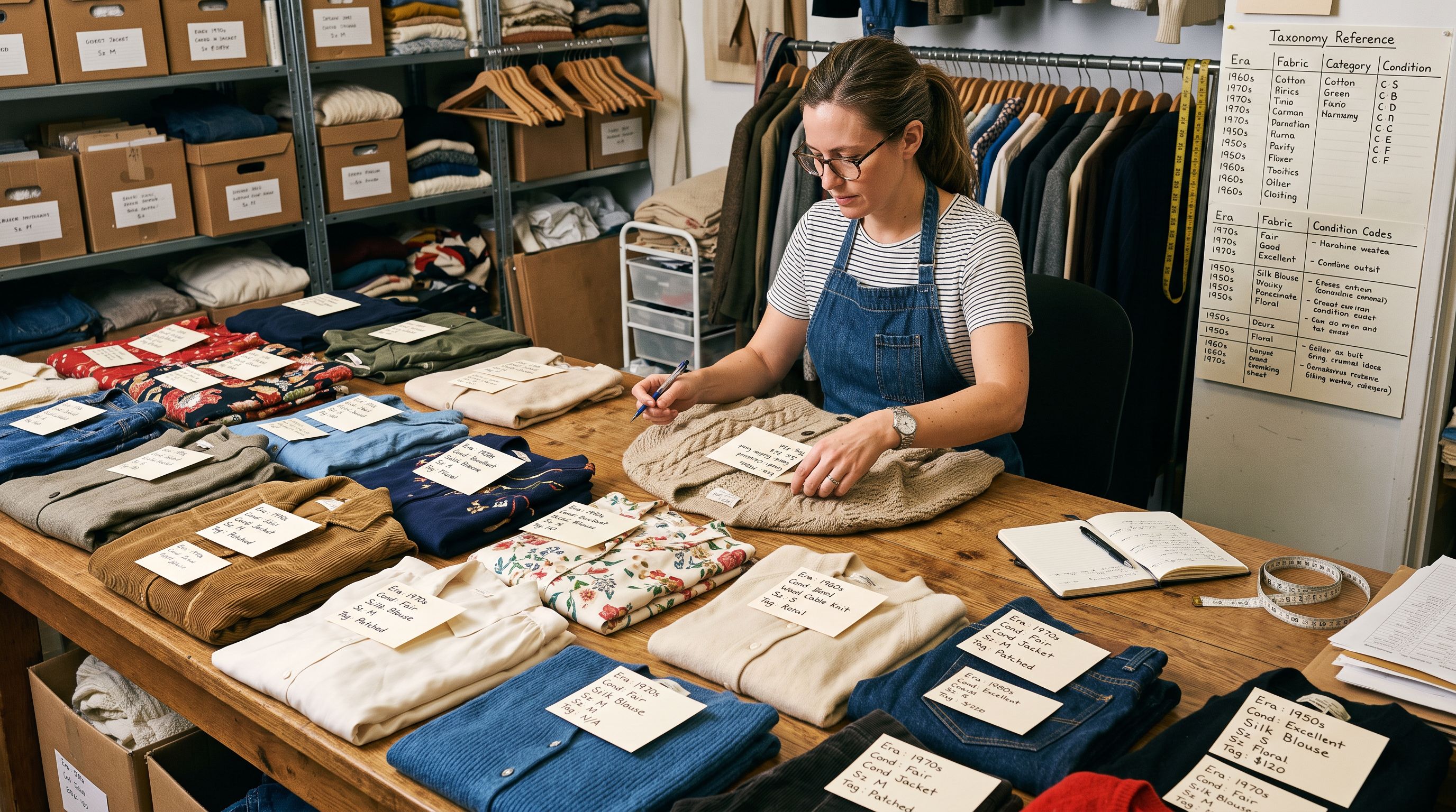 Vintage clothing merchant sorting secondhand garments on a work table with handwritten inventory cards and a taxonomy reference sheet beside each item