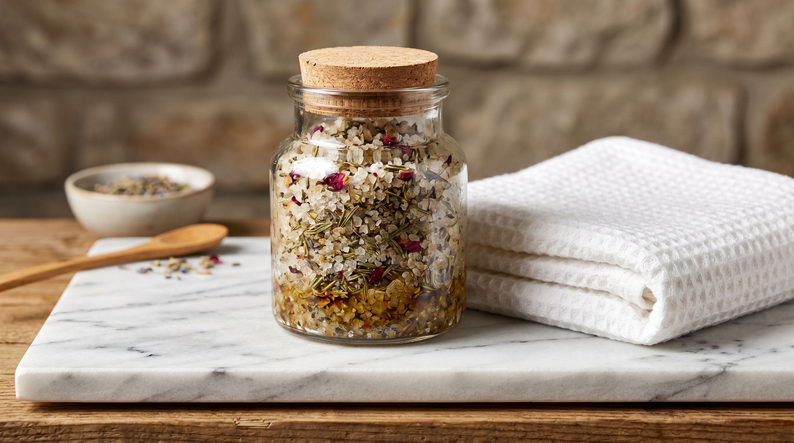Glass jar of artisan body scrub with visible salt crystals and dried herbs on a marble surface next to a folded white towel.