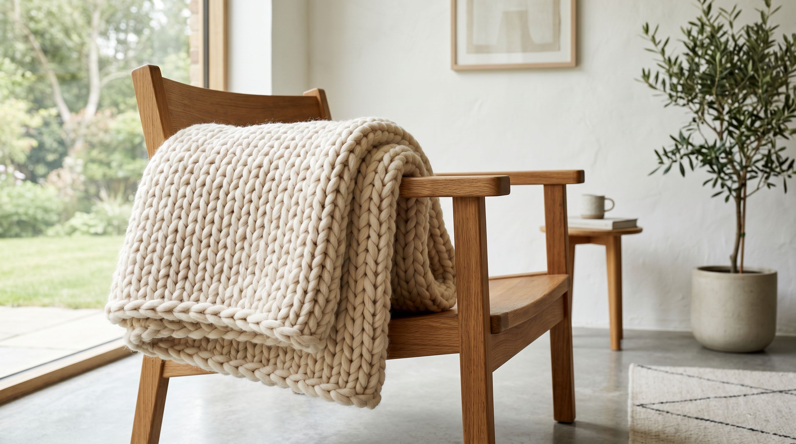 Flat lay of merino wool throw folded in half on a wooden floor showing texture and weave detail under warm natural light.