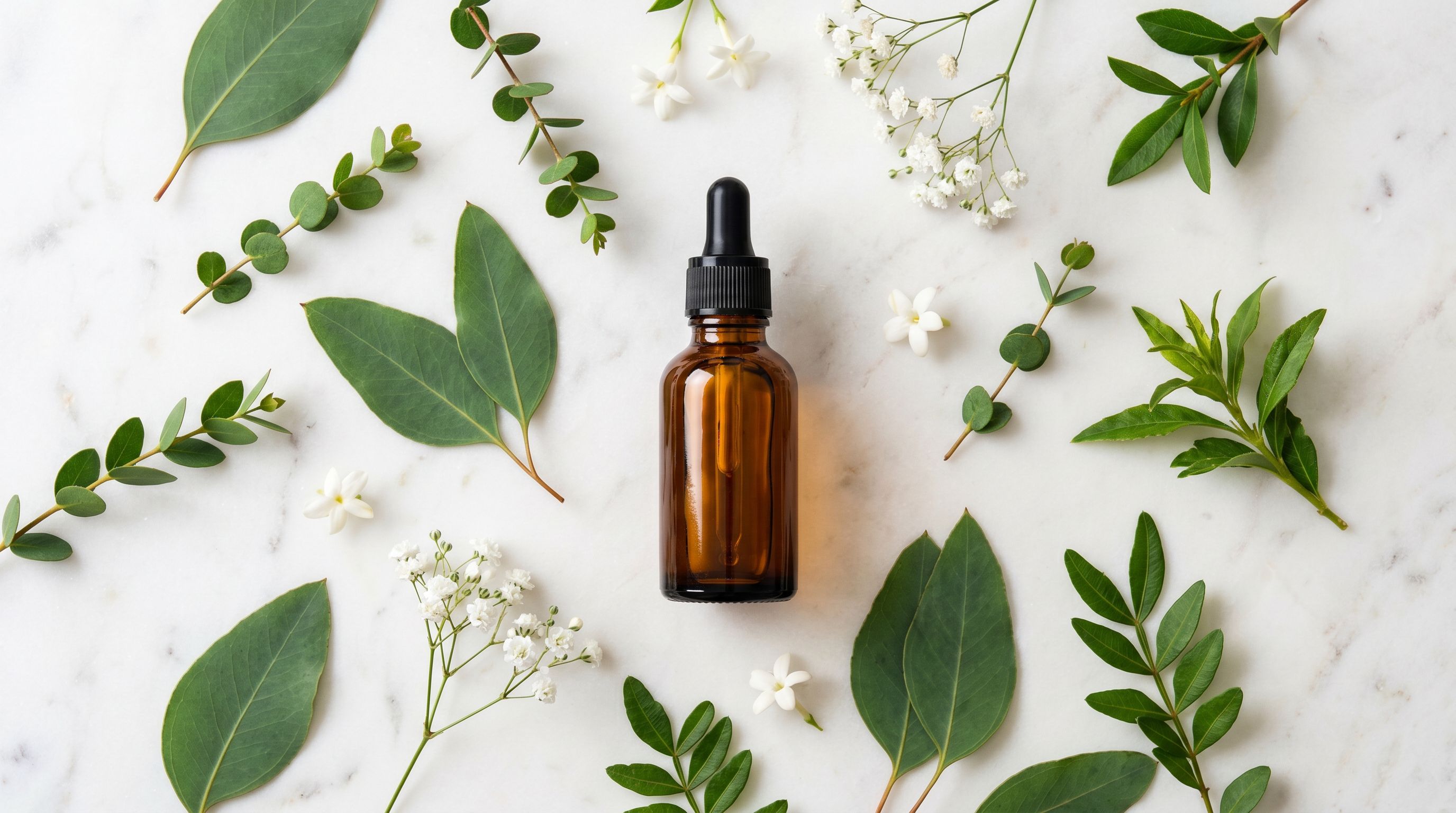 Small glass bottle of facial serum on a white stone surface surrounded by fresh botanical leaves and flower petals.