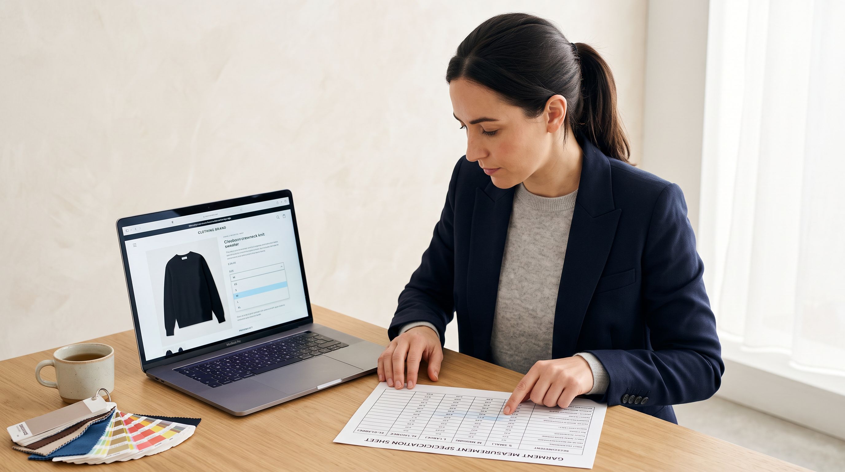 Apparel buyer at a workstation reviewing a garment measurement specification sheet beside an open laptop showing a Shopify product page with a size selector