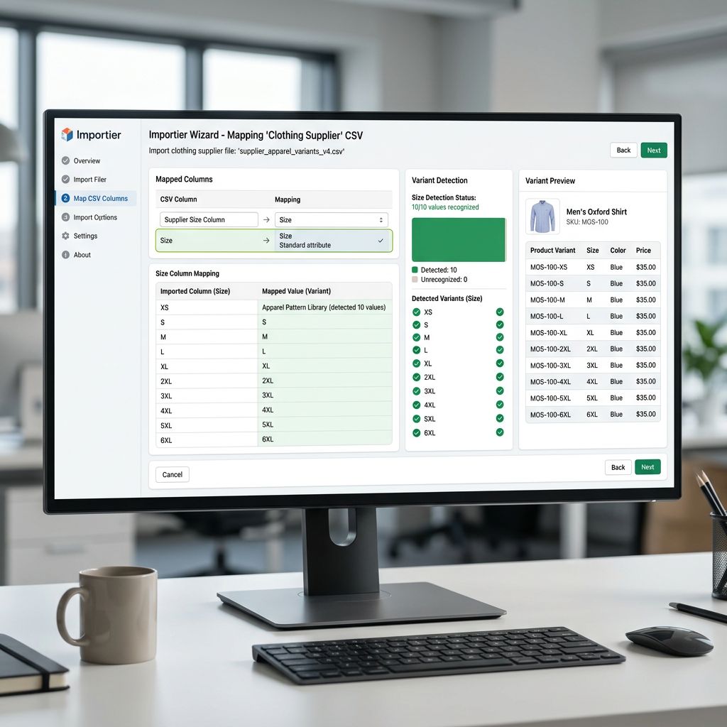 An Importier import wizard on a large monitor showing a clothing supplier CSV being mapped with a size column displaying values from XS through 5XL, the variant detection panel confirming all 10 size values have been recognised using the apparel pattern library, and a preview panel on the right showing the grouped product with all 10 size variants correctly detected as belonging to the same product, everything in sharp focus no blur no depth of field, colour photography.