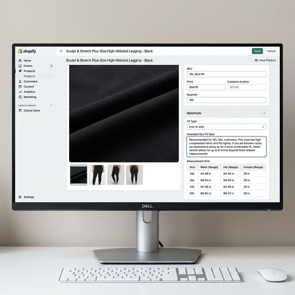 A Shopify admin product detail page on a large monitor showing a plus-size activewear legging with the metafields section expanded displaying a fit type field set to true-to-size, an extended size fit note field containing specific guidance for 3XL to 5XL customers about fabric stretch, and individual measurement metafields for each extended size showing hip waist and inseam ranges, everything in sharp focus no blur no depth of field, colour photography.
