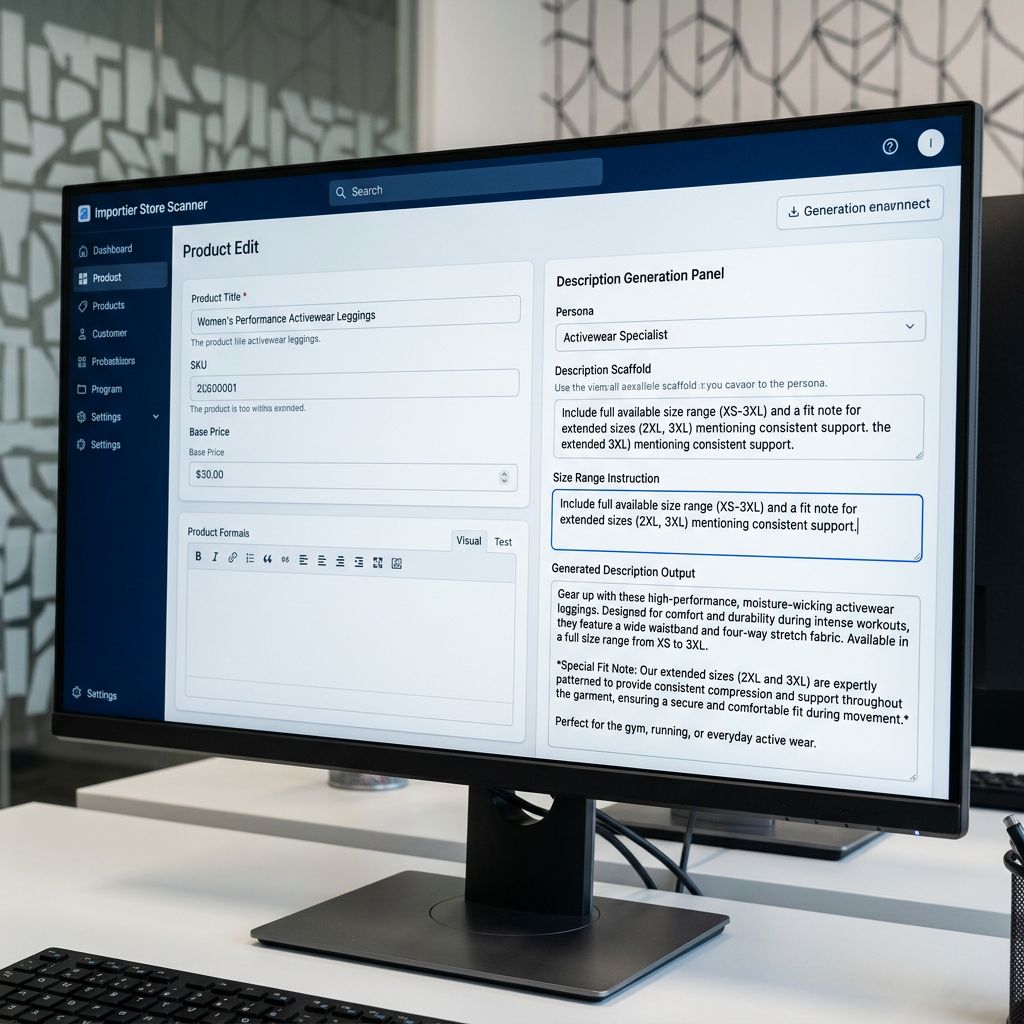 An Importier Store Scanner on a large monitor showing an activewear legging product open in editing view with the description generation panel active, the Activewear Specialist persona selected and a custom scaffold showing a size range instruction at the top, the generated description visible in the output panel including the full size range and a specific fit note for extended sizes, everything in sharp focus no blur no depth of field, colour photography.