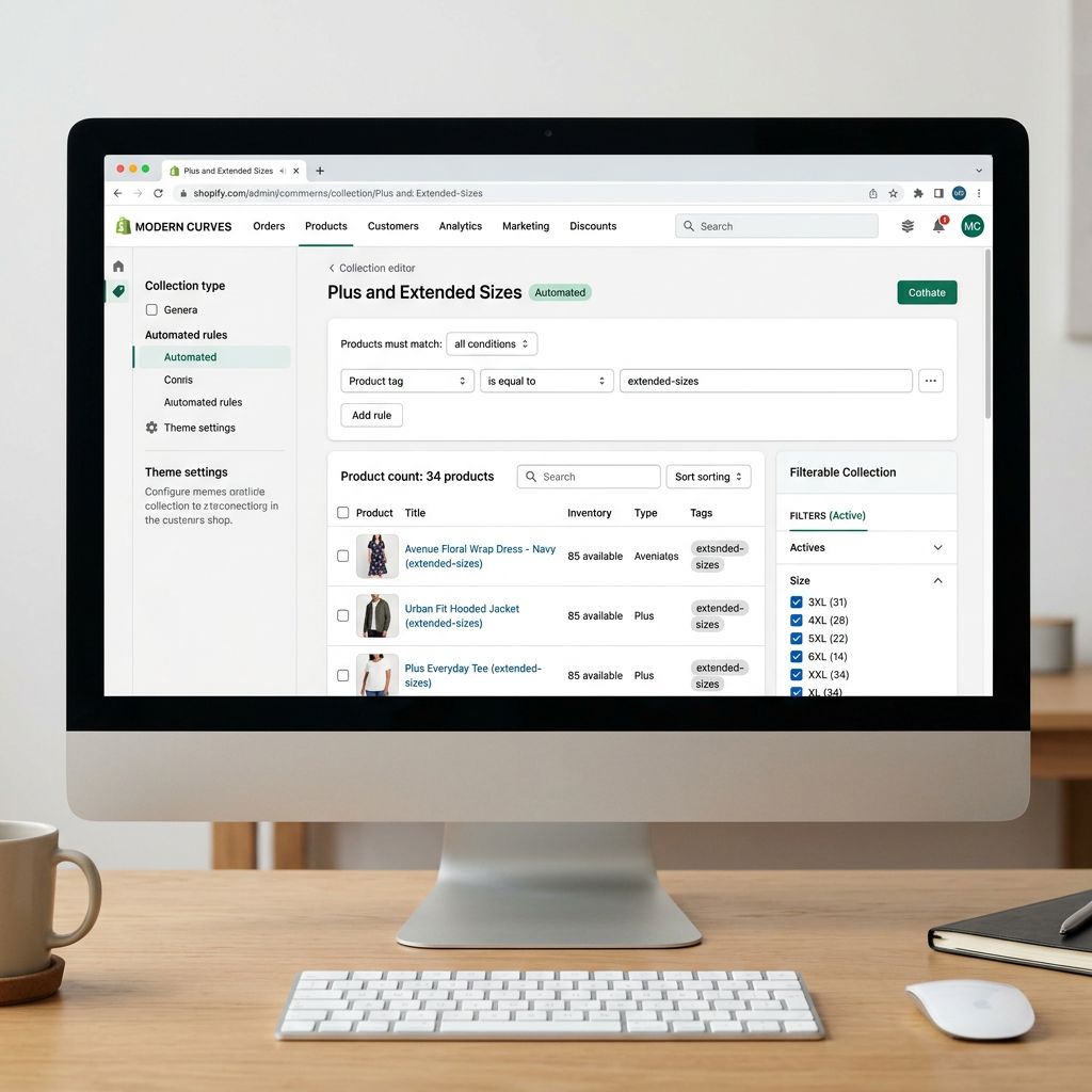 A Shopify admin collection editor on a large monitor showing a Plus and Extended Sizes collection with an automated rule set to include products with the tag extended-sizes, a product count of 34 products, and a size filter panel showing size options from 3XL through 5XL available as filterable attributes derived from variant option values, representing a filterable extended-size collection built entirely from import-time tagging and correct variant structure, everything in sharp focus no blur no depth of field, colour photography.