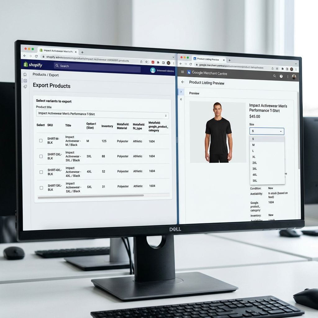 A Shopify admin product export panel on a large monitor showing an activewear product with variant data including 3XL 4XL and 5XL sizes each with their own inventory levels and metafield data, alongside a Google Merchant Centre product listing preview showing size filter options populated with the extended size range from the Shopify variant structure, representing how correct import-time variant data flows through to shopping channel attributes, everything in sharp focus no blur no depth of field, colour photography.