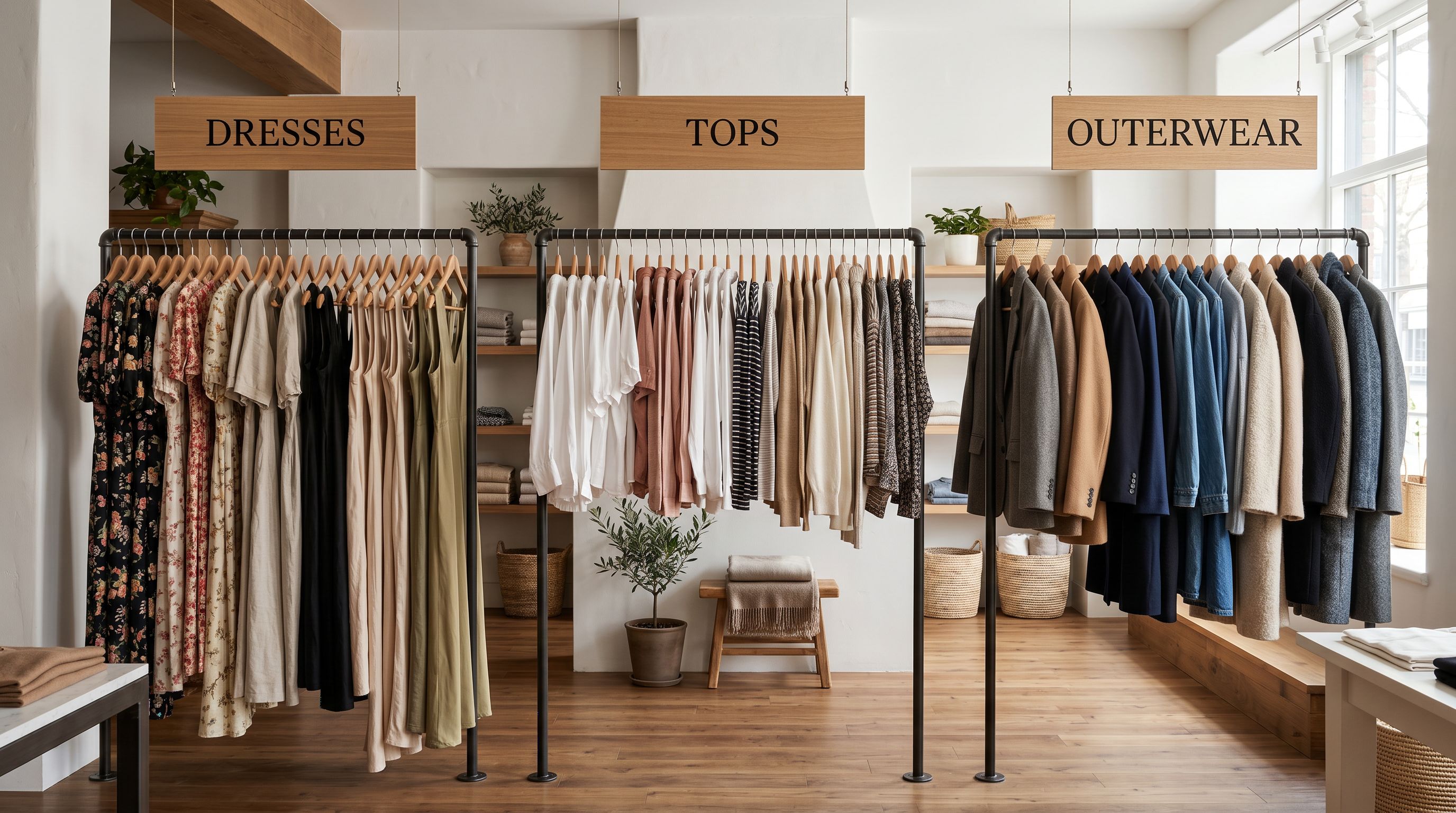 Boutique clothing store interior with neatly organised product rails divided by printed category signs overhead.
