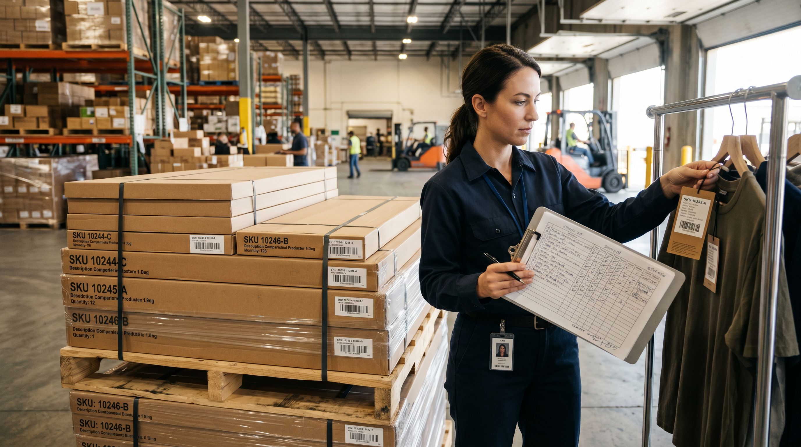 Retail manager comparing product hang tags against a printed checklist at a receiving dock with stacked boxes.