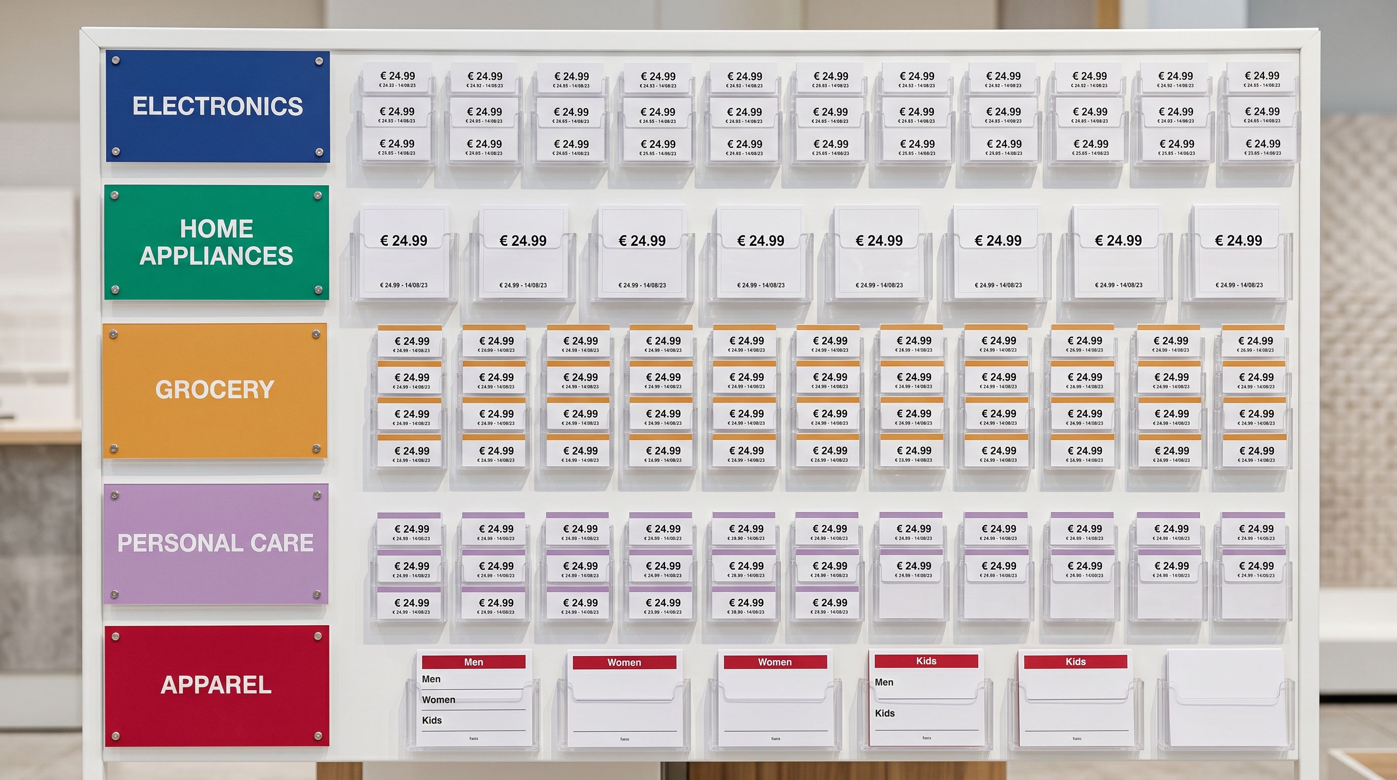 Retail price tags sorted into colour-coded category sections in acrylic holders on a white display board.