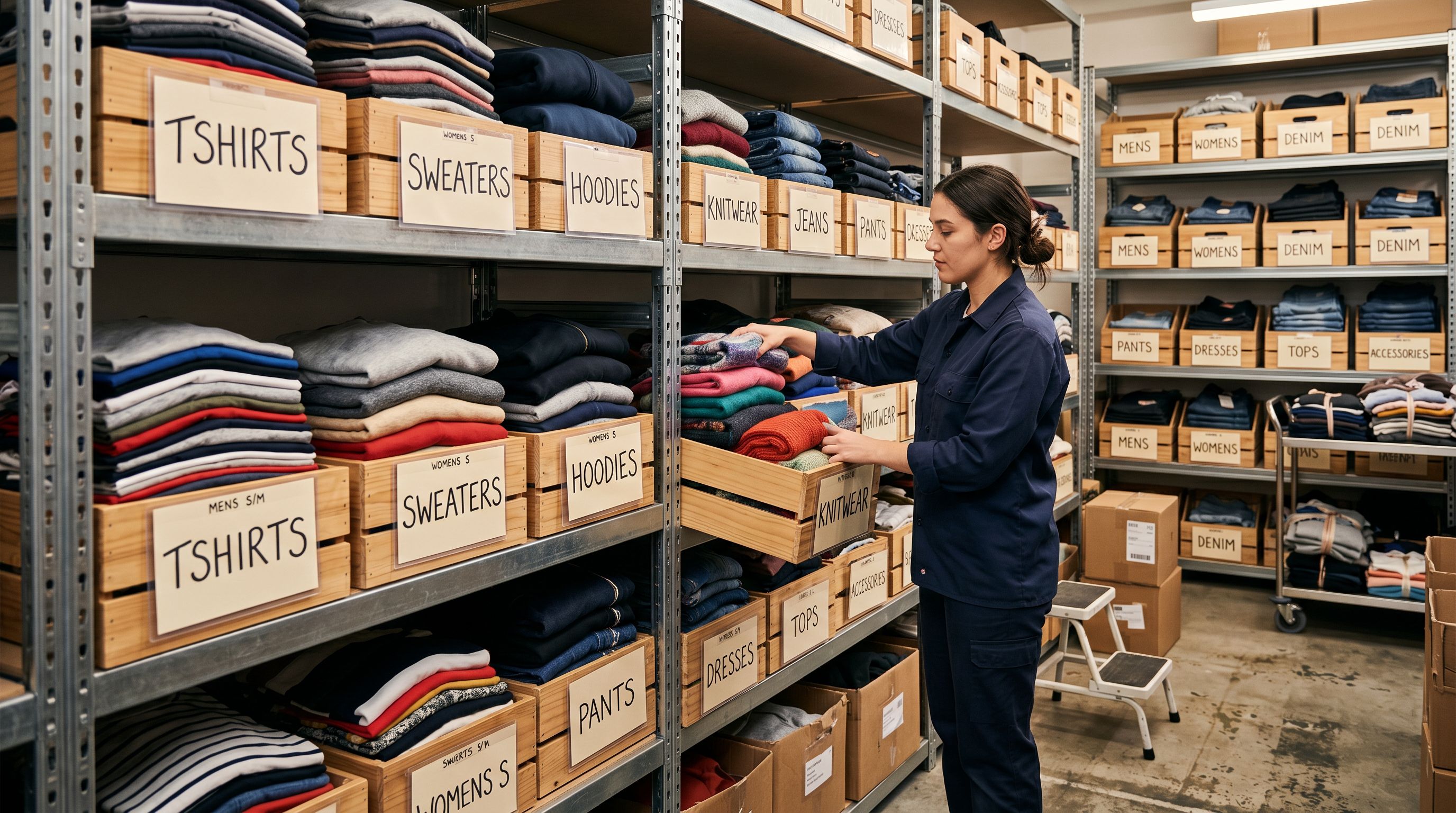 Retail stockroom worker sorting folded garments into labelled category bins on metal shelving divided by product type.